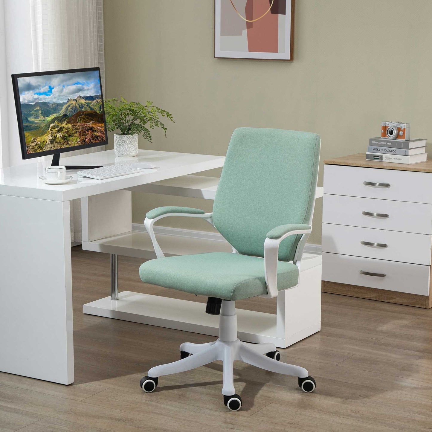 Vinsetto Silla de Oficina Giratoria Silla de Escritorio Basculante con Reposabrazos y Altura Ajustable para Dormitorio Salón Carga 120 kg 62x69x92-100 cm Verde