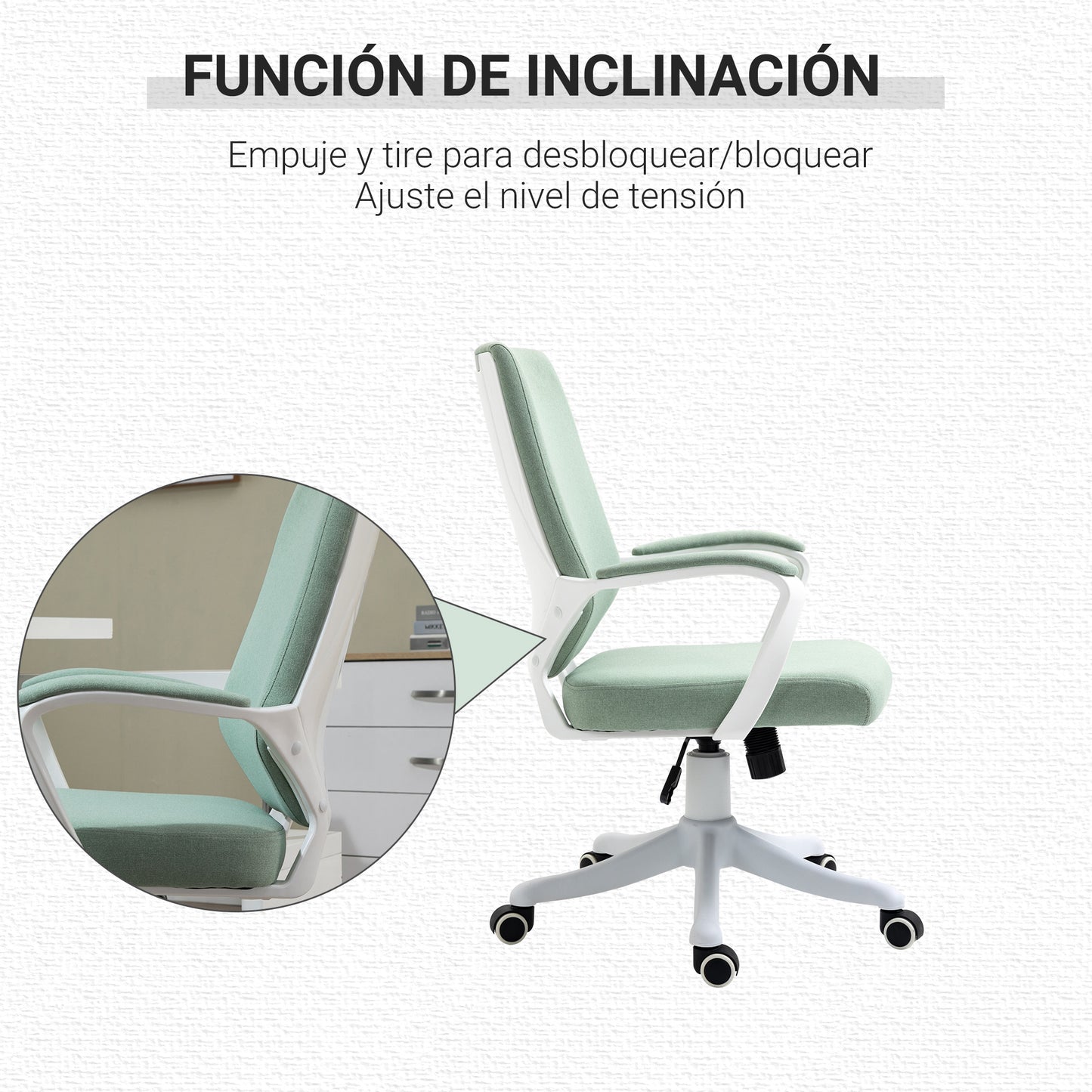 Vinsetto Silla de Oficina Giratoria Silla de Escritorio Basculante con Reposabrazos y Altura Ajustable para Dormitorio Salón Carga 120 kg 62x69x92-100 cm Verde