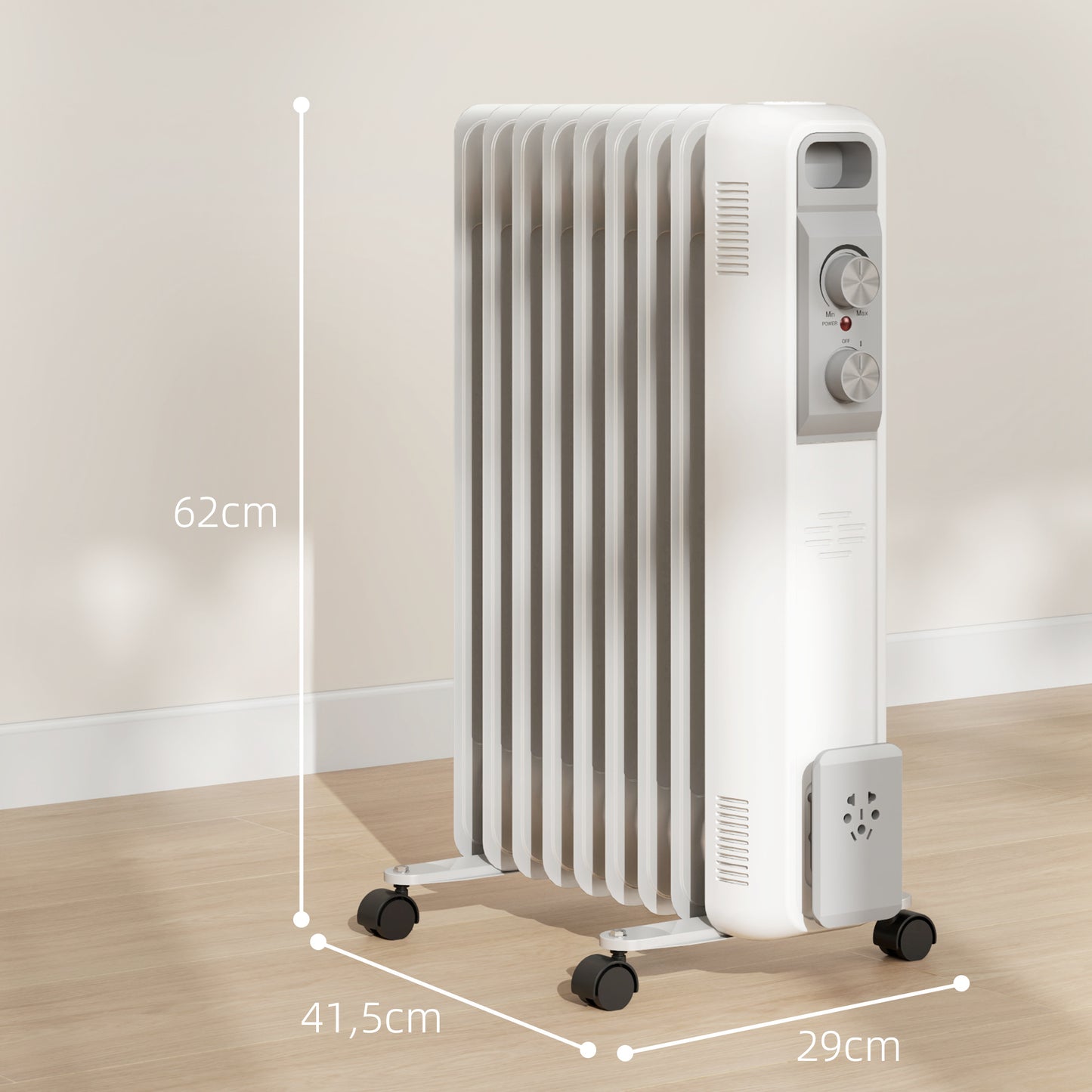 HOMCOM Radiador de Aceite Silencioso de 9 Elementos 2000W Radiador de Aceite Bajo Consumo con Temperatura Ajustable Protección contra Sobrecalentamiento 3 Configuraciones de Calor para 25 m² Blanco