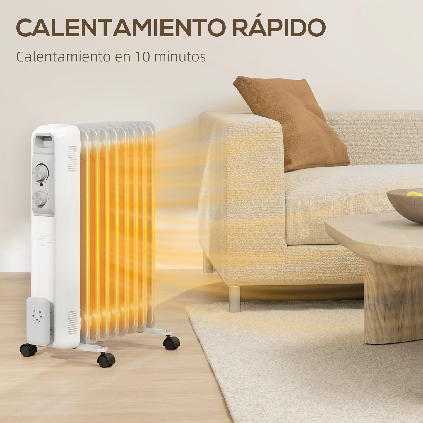 HOMCOM Radiador de Aceite Silencioso de 9 Elementos 2000W Radiador de Aceite Bajo Consumo con Temperatura Ajustable Protección contra Sobrecalentamiento 3 Configuraciones de Calor para 25 m² Blanco