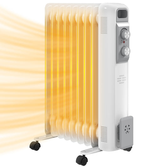 HOMCOM Radiador de Aceite Silencioso de 9 Elementos 2000W Radiador de Aceite Bajo Consumo con Temperatura Ajustable Protección contra Sobrecalentamiento 3 Configuraciones de Calor para 25 m² Blanco