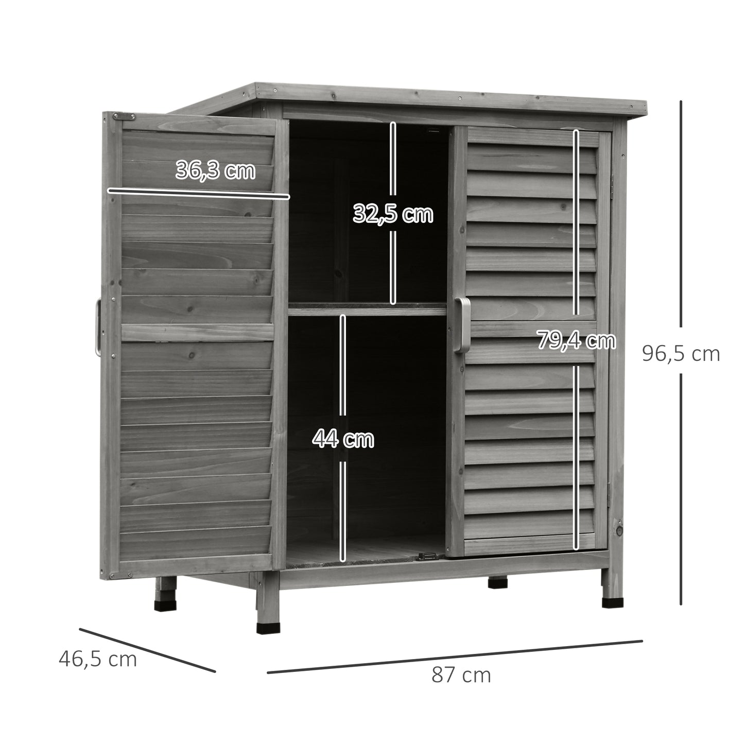 Outsunny Cobertizo de Almacenamiento de Madera para Jardín con 2 Estantes Interiores 2 puertas y Techo Inclinado para Exterior Terreza 87x46,5x96,5 cm Gris