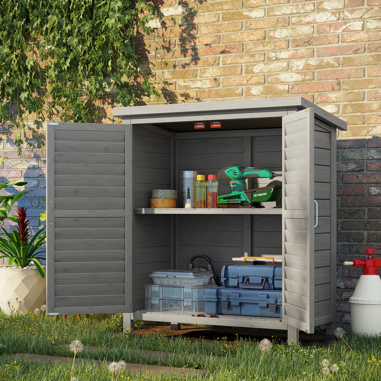 Outsunny Cobertizo de Almacenamiento de Madera para Jardín con 2 Estantes Interiores 2 puertas y Techo Inclinado para Exterior Terreza 87x46,5x96,5 cm Gris