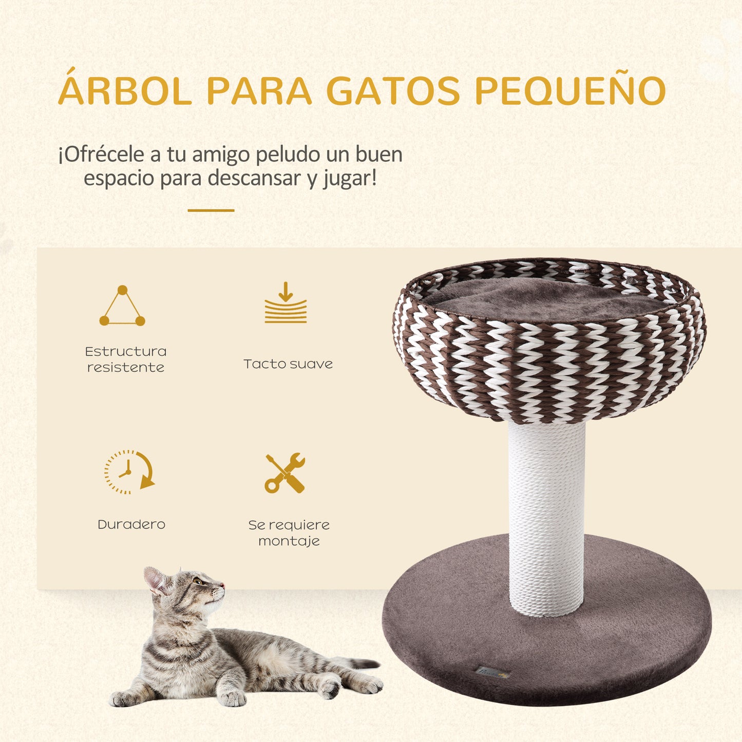 PawHut Árbol Rascador para Gatos Pequeño Altura 52 cm Torre Escalador de Gato con Cama Redonda Cojín de Felpa Suave y Poste Rascador 50x50x52 cm Café y Blanco