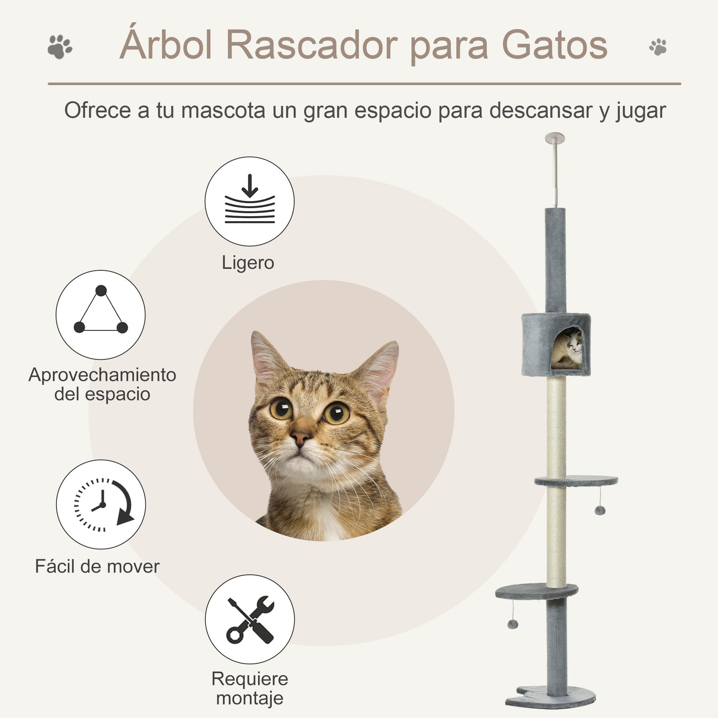 PawHut Árbol Rascador para Gatos Rascador para Fijar al Techo Altura 217 cm con Plataformas Cueva Postes de Sisal Bolas Colgantes Gris Claro