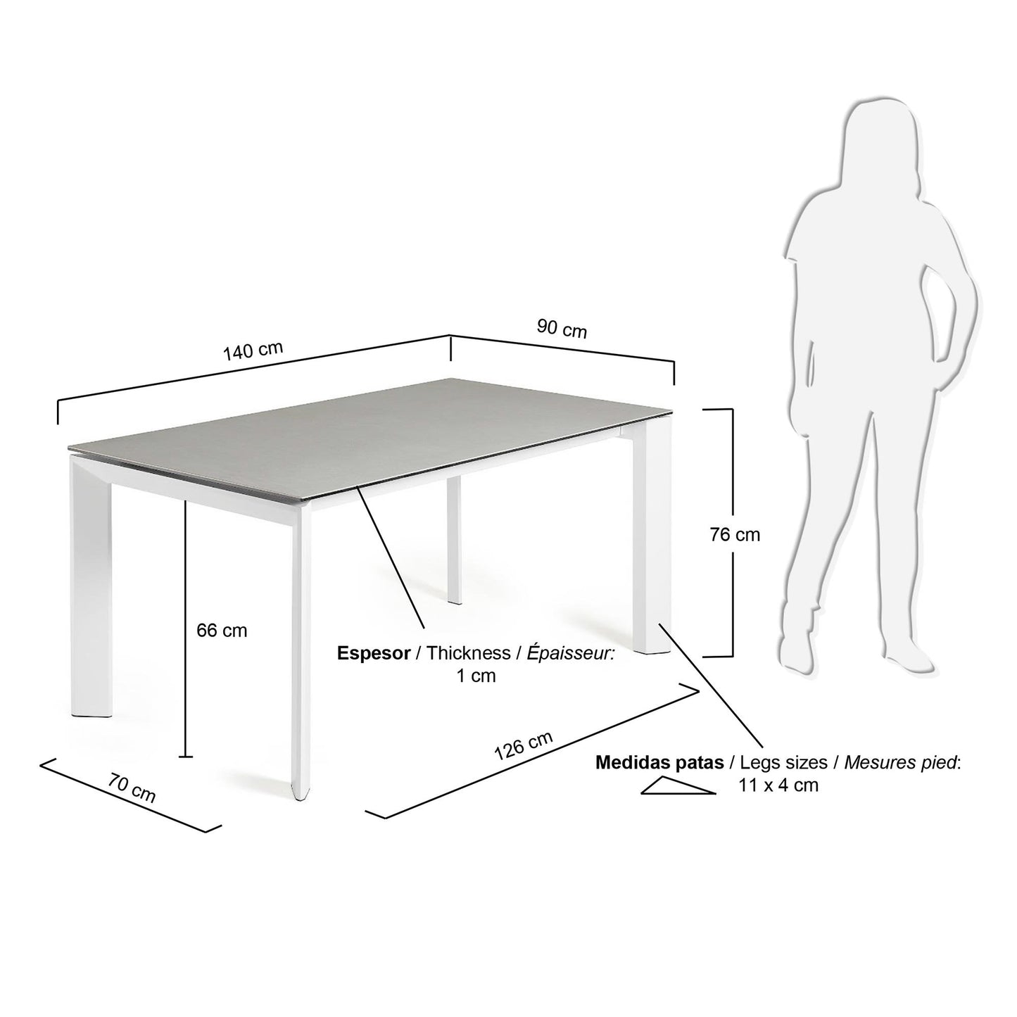 Mesa extensible Axis porcelánico acabado Hydra Plomo y patas de acero blanco 140 (200) cm