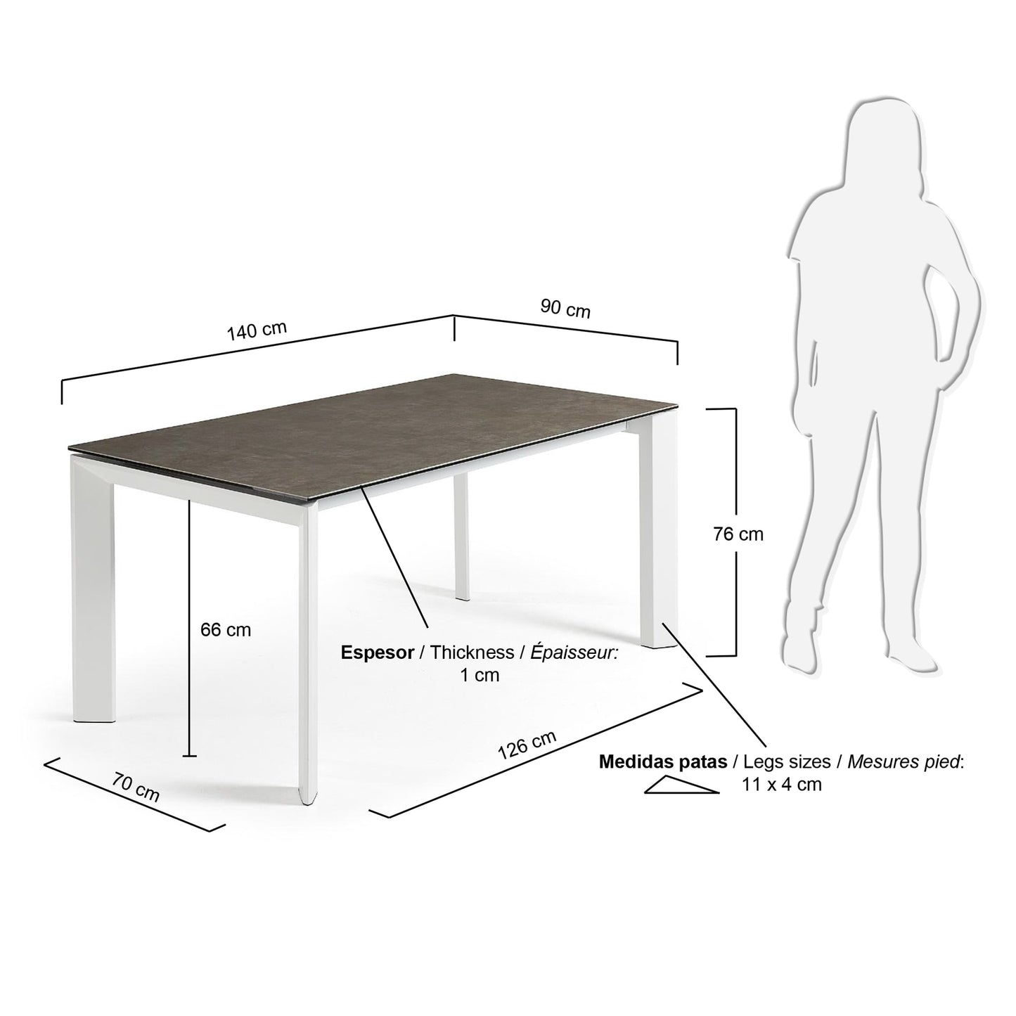 Mesa extensible Axis porcelánico acabado Vulcano Ceniza y patas acero blanco 140 (200) cm