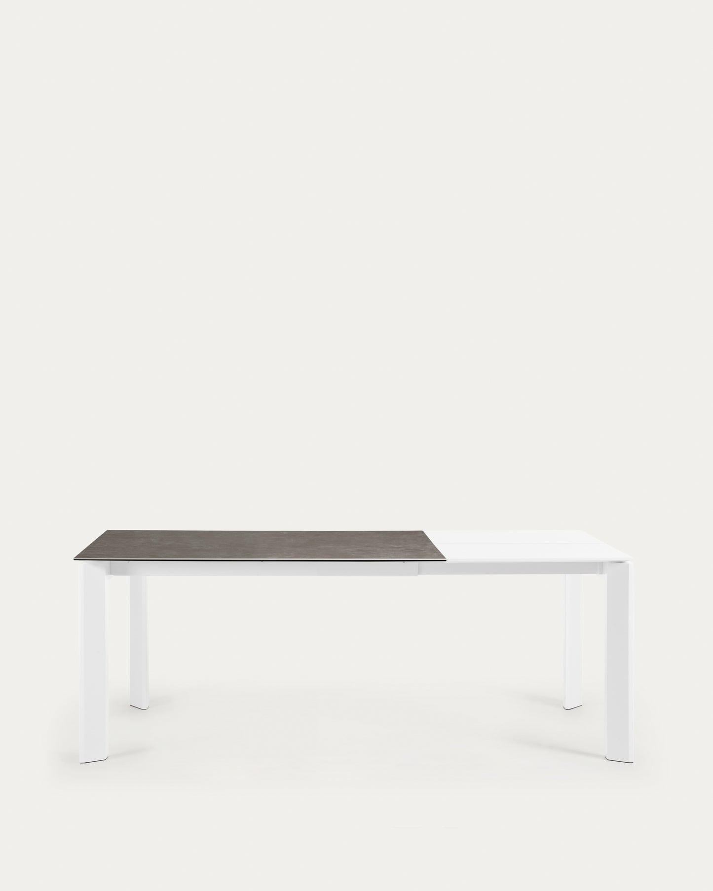 Mesa extensible Axis porcelánico acabado Vulcano Ceniza y patas acero blanco 140 (200) cm