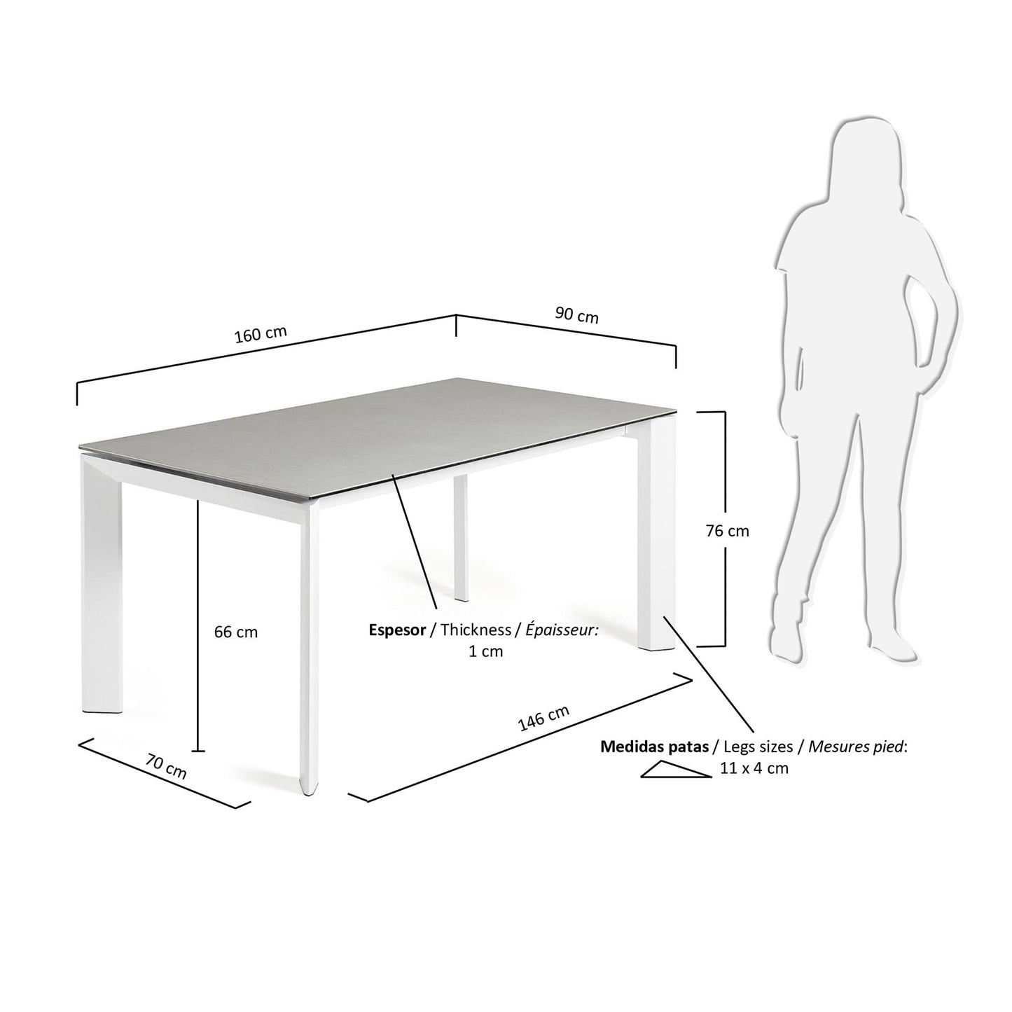 Mesa extensible Axis porcelánico acabado Hydra Plomo patas blanco 160 (220) cm