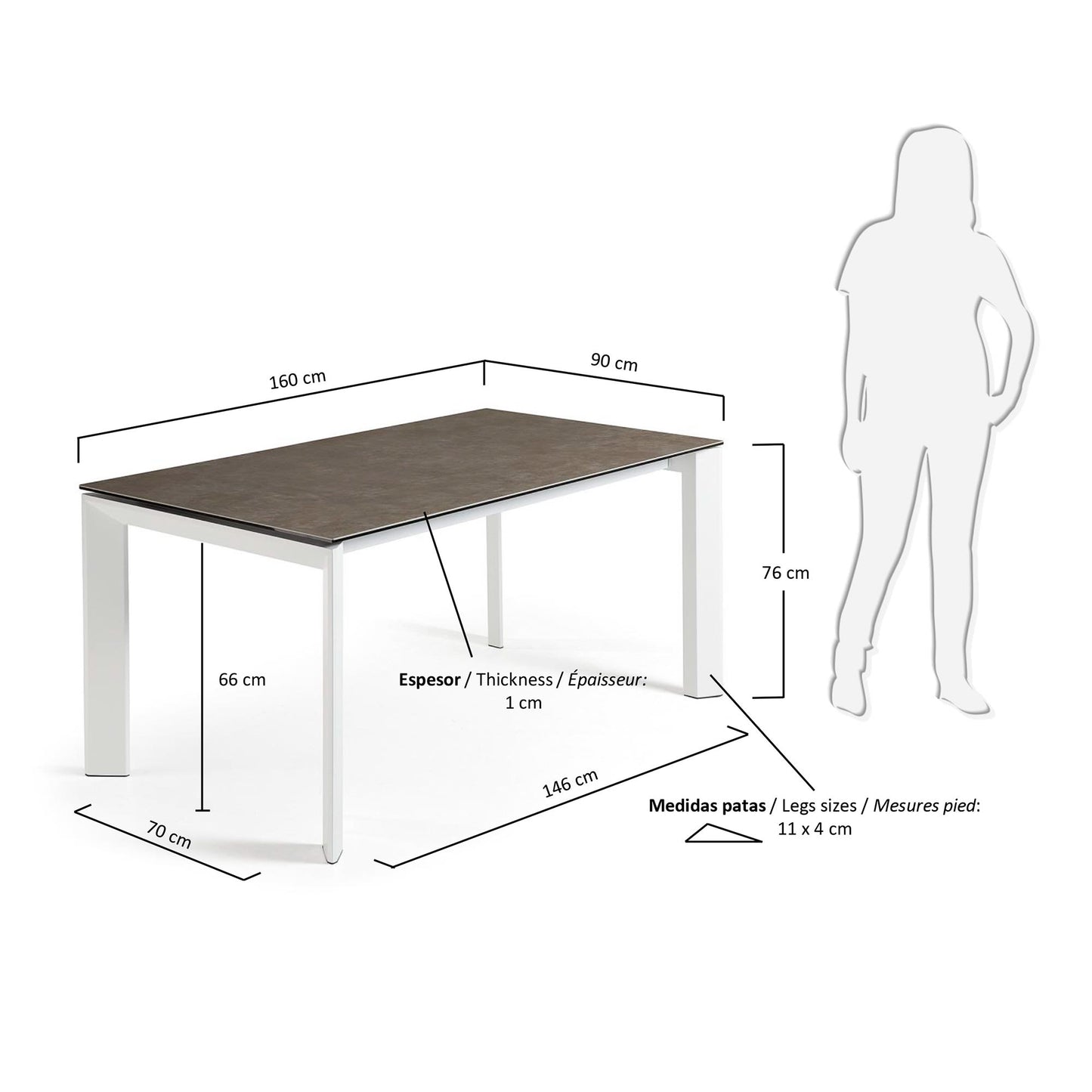 Mesa extensible Axis porcelánico acabado Vulcano Ceniza y patas acero blanco 160 (220) cm