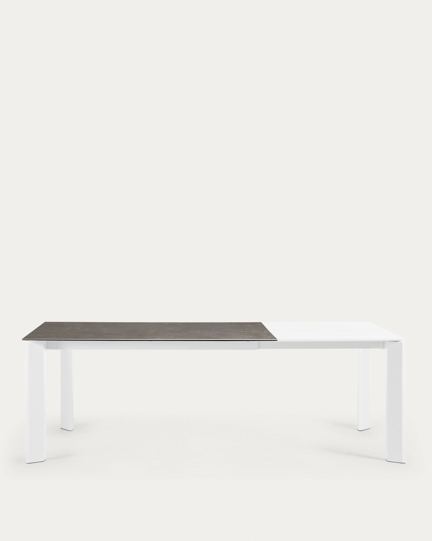 Mesa extensible Axis porcelánico acabado Vulcano Ceniza y patas acero blanco 160 (220) cm