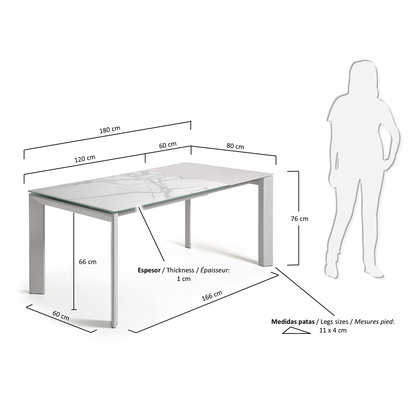 Mesa extensible Axis porcelánico acabado Kalos Blanco patas gris 120 (180) cm