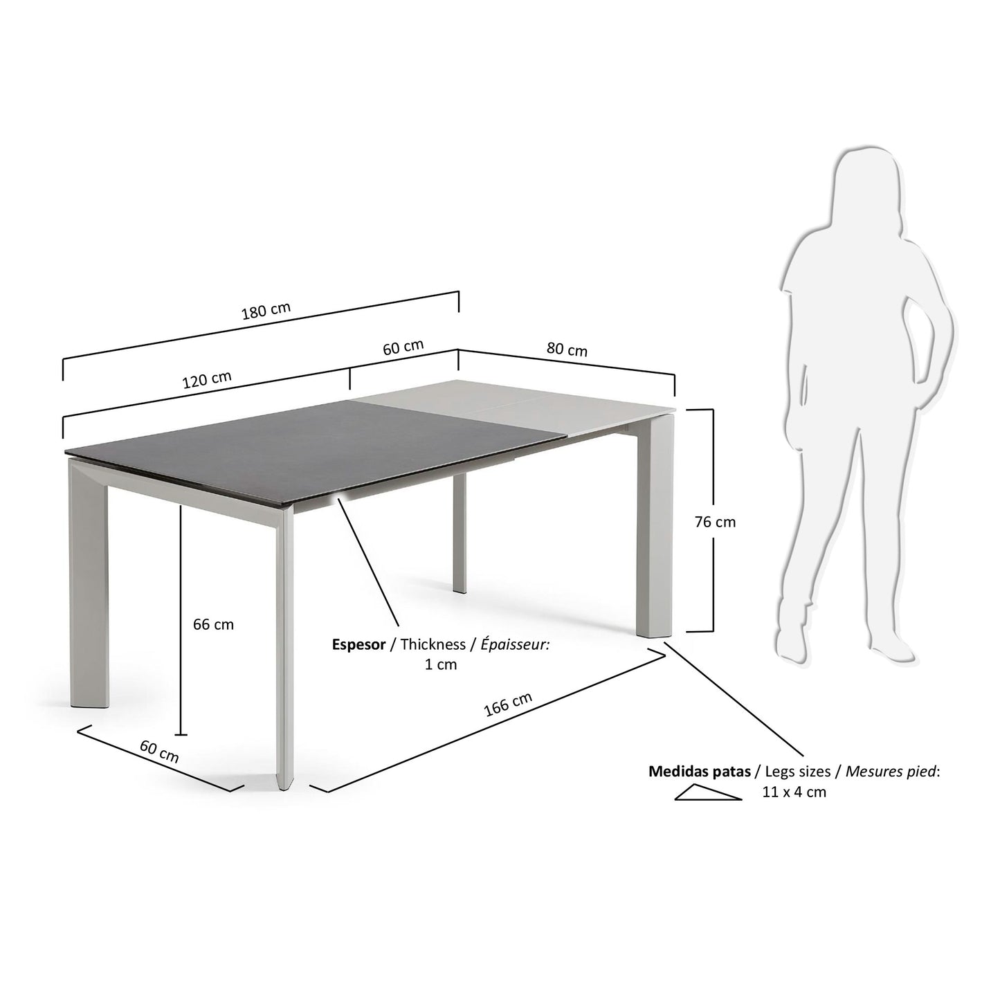 Mesa extensible Axis porcelánico acabado Vulcano Roca y patas de acero gris 120 (180) cm