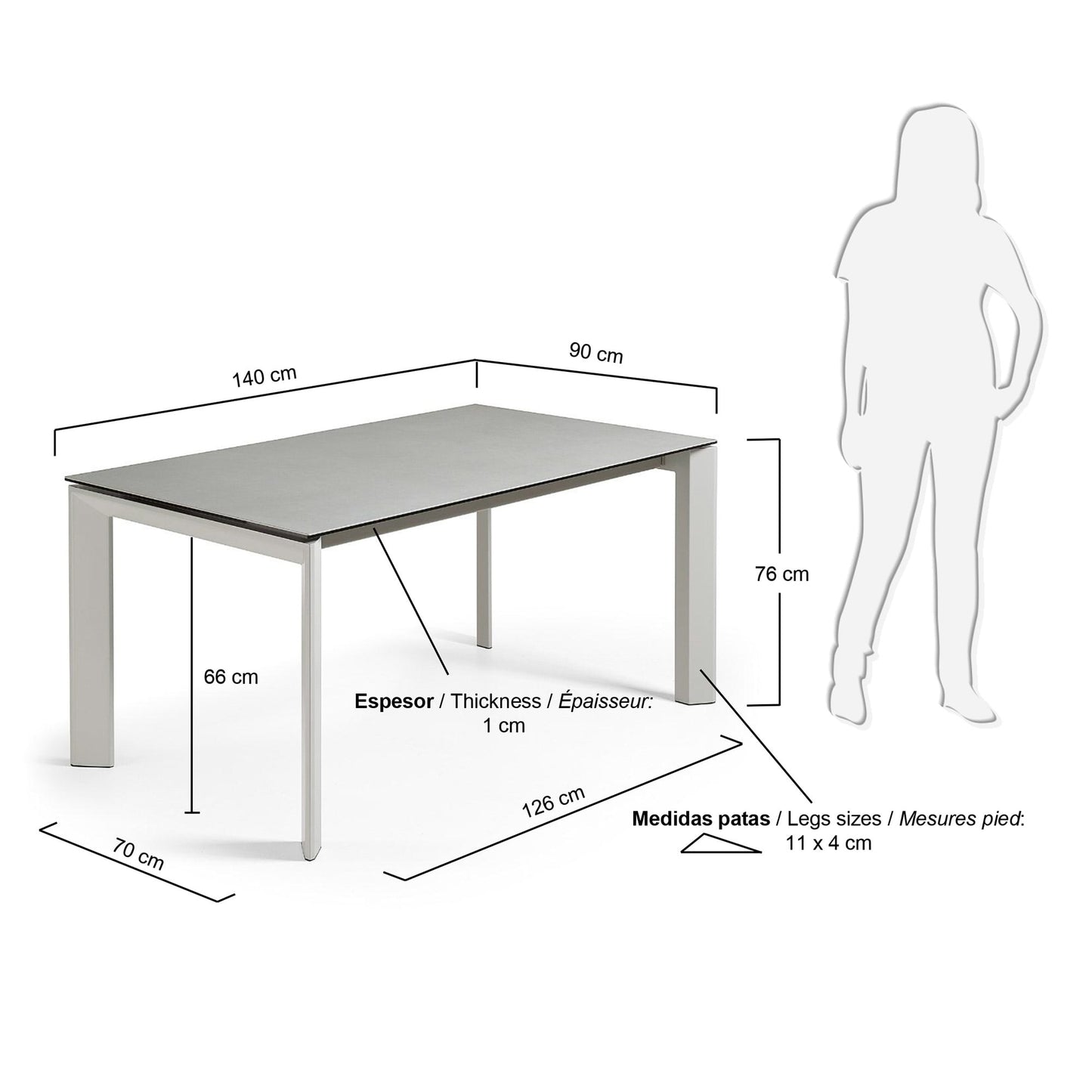 Mesa extensible Axis porcelánico acabado Hydra Plomo y patas de acero gris 140 (200) cm