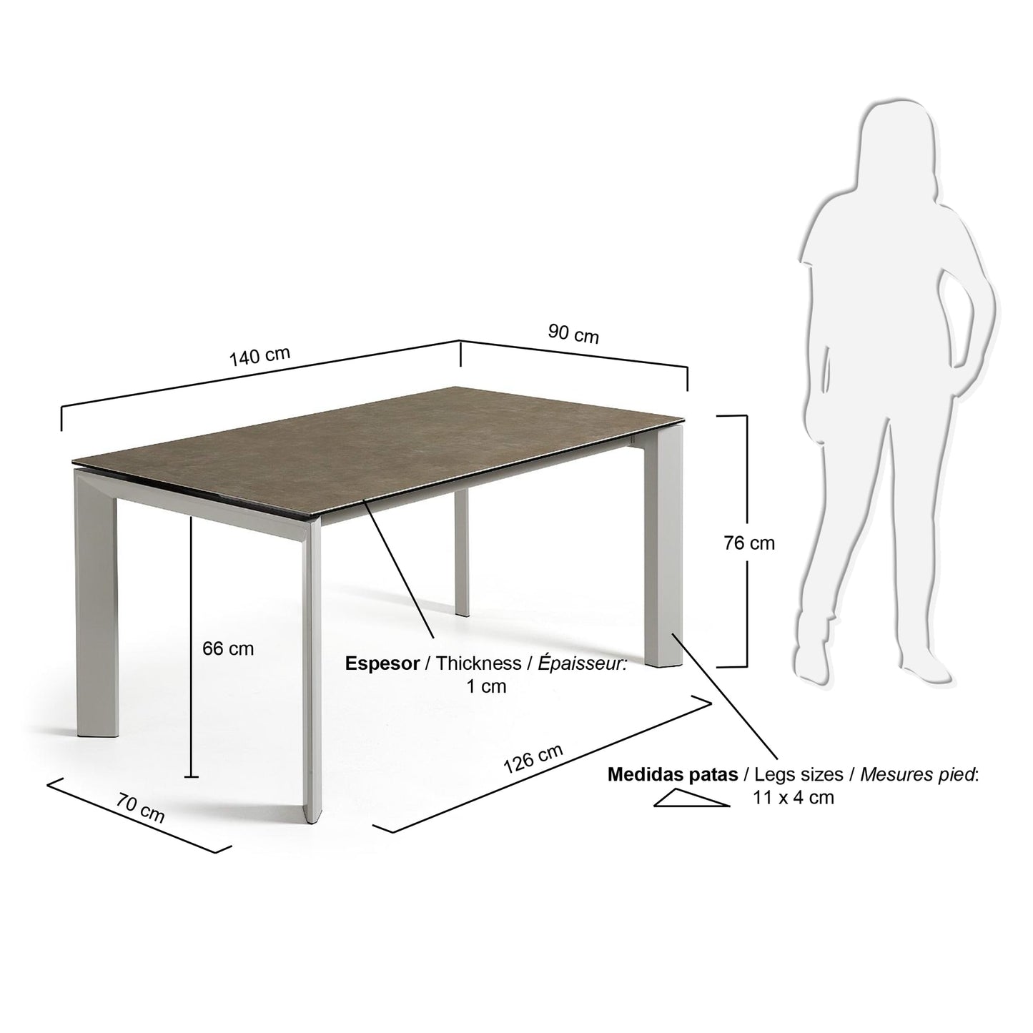 Mesa extensible Axis porcelánico acabado Vulcano Ceniza patas de acero gris 140 (200) cm