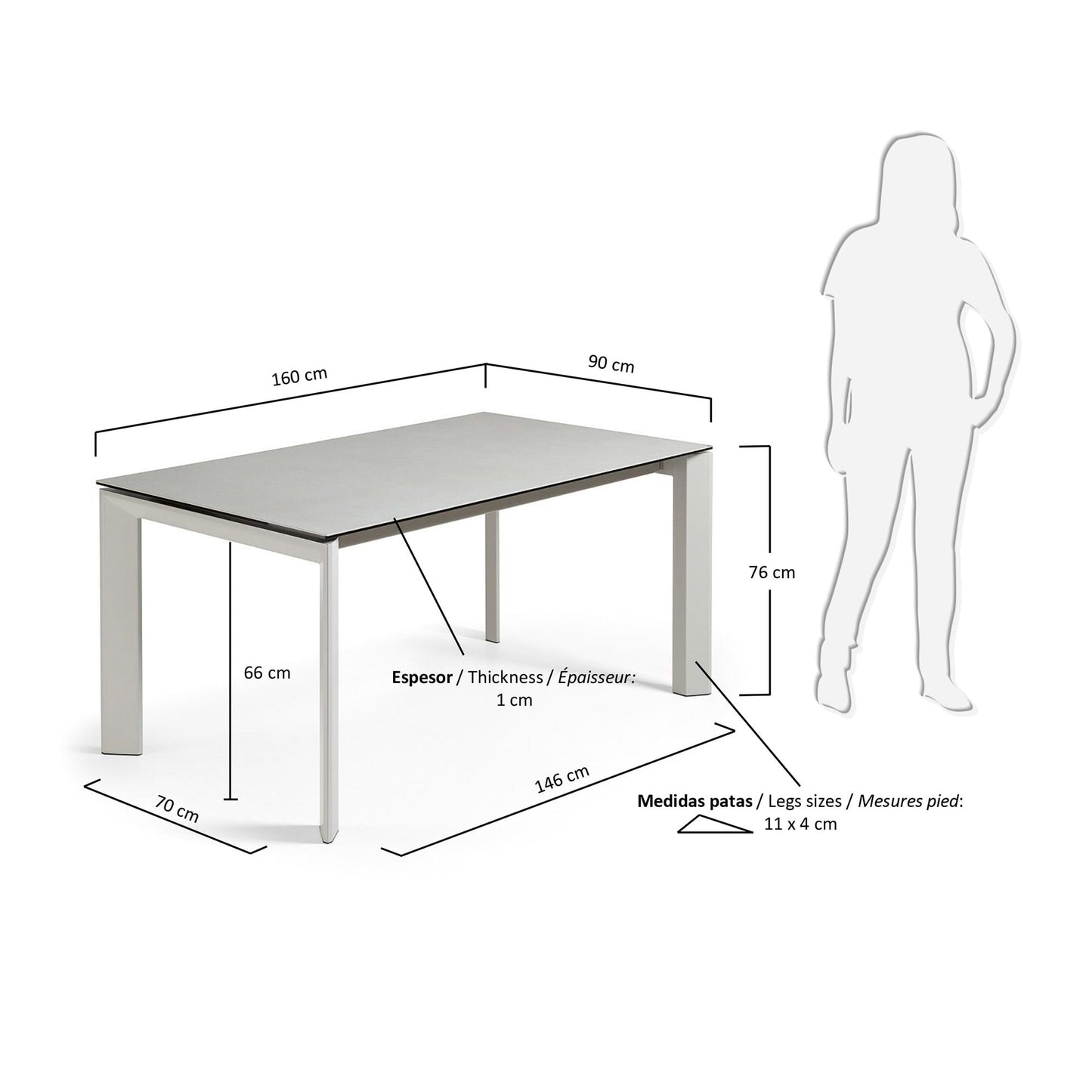 Mesa extensible Axis porcelánico acabado Hydra Plomo patas gris 160 (220) cm