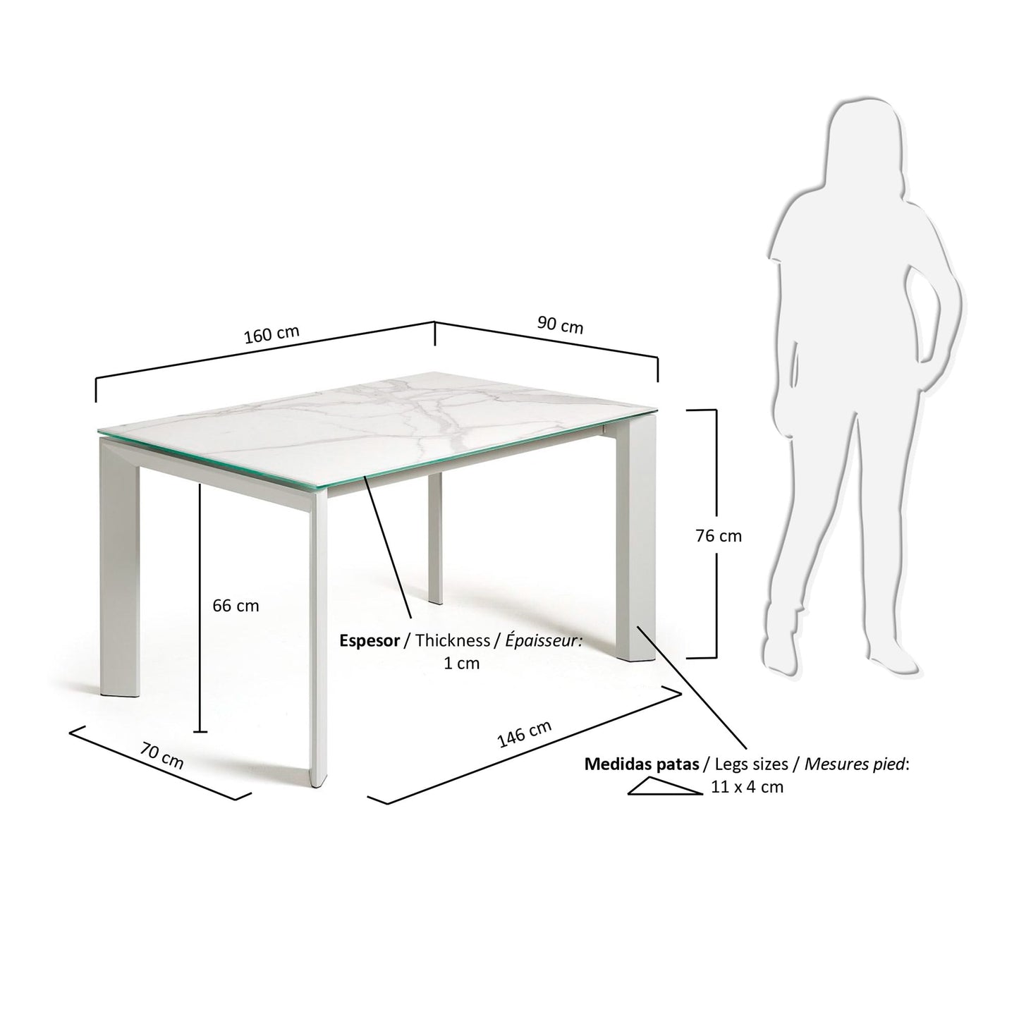 Mesa extensible Axis porcelánico acabado Kalos Blanco patas gris 160 (220) cm