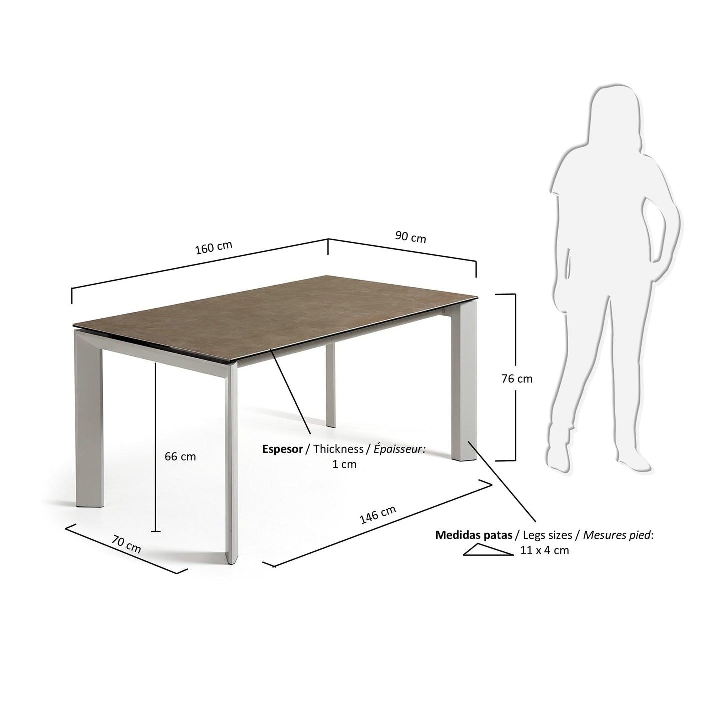 Mesa extensible Axis porcelánico acabado Vulcano Ceniza y patas acero gris 160 (220) cm