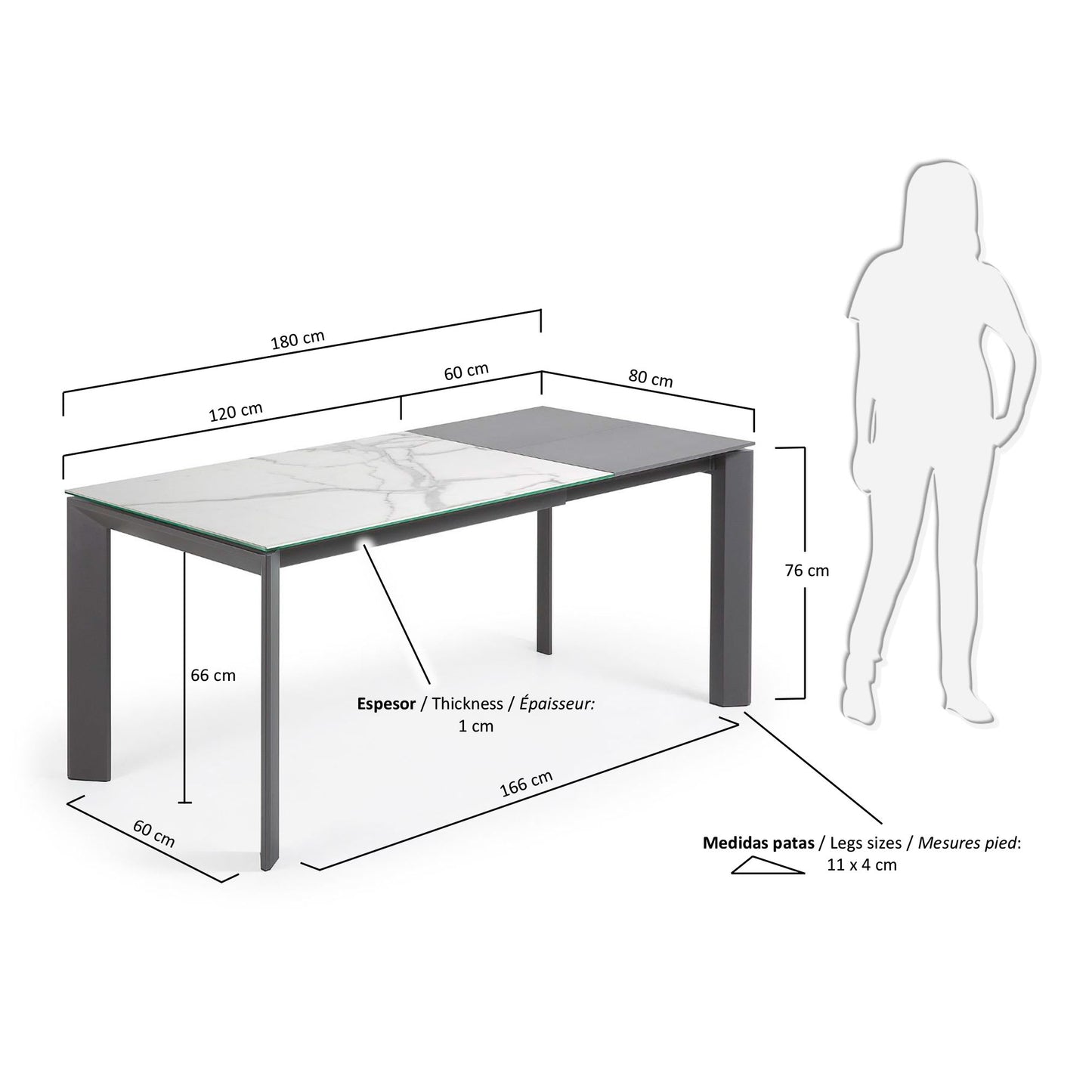 Mesa extensible Axis porcelánico acabado Kalos Blanco patas gris oscuro 120 (180) cm