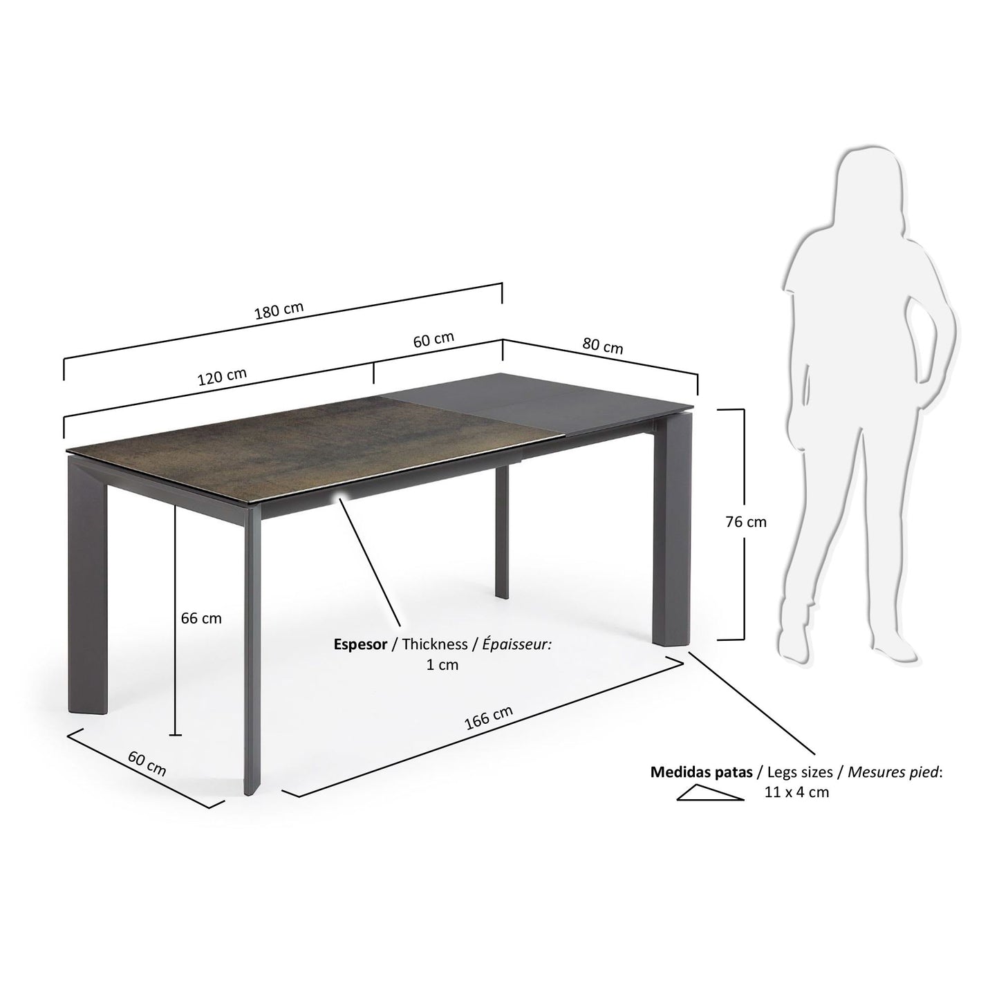 Mesa extensible Axis porcelánico acabado Iron Moss y patas acero antracita 120 (180) cm