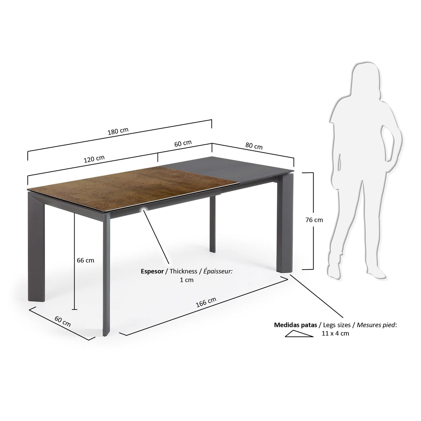 Mesa extensible Axis porcelánico acabado Iron Corten patas gris oscuro 120 (180) cm