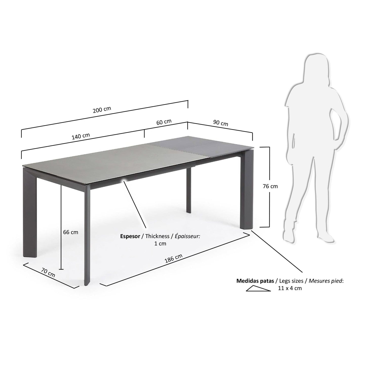 Mesa extensible Axis porcelánico acabado Hydra Plomo y patas acero antracita 140 (200) cm