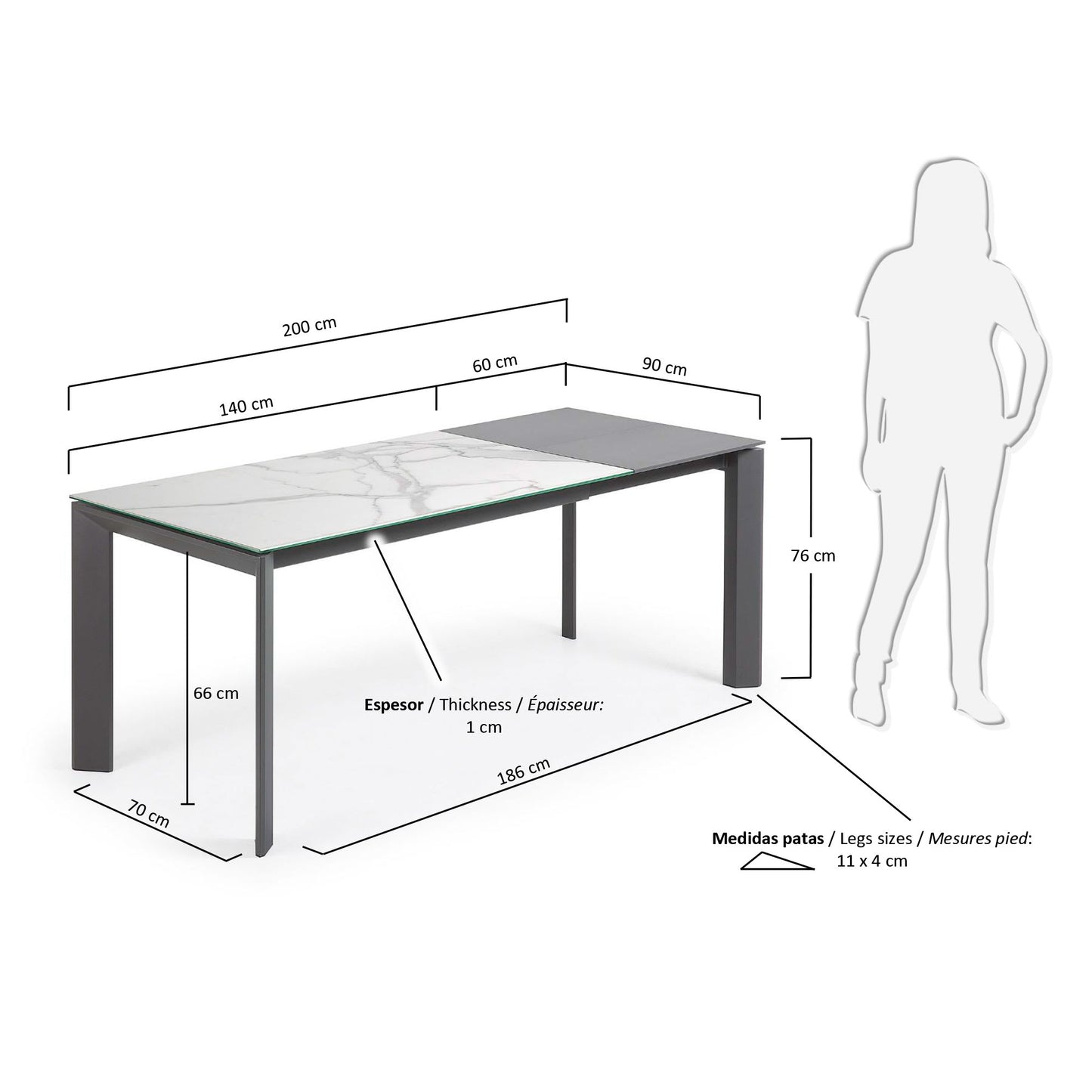 Mesa extensible Axis porcelánico acabado Kalos Blanco patas gris oscuro 140 (200) cm