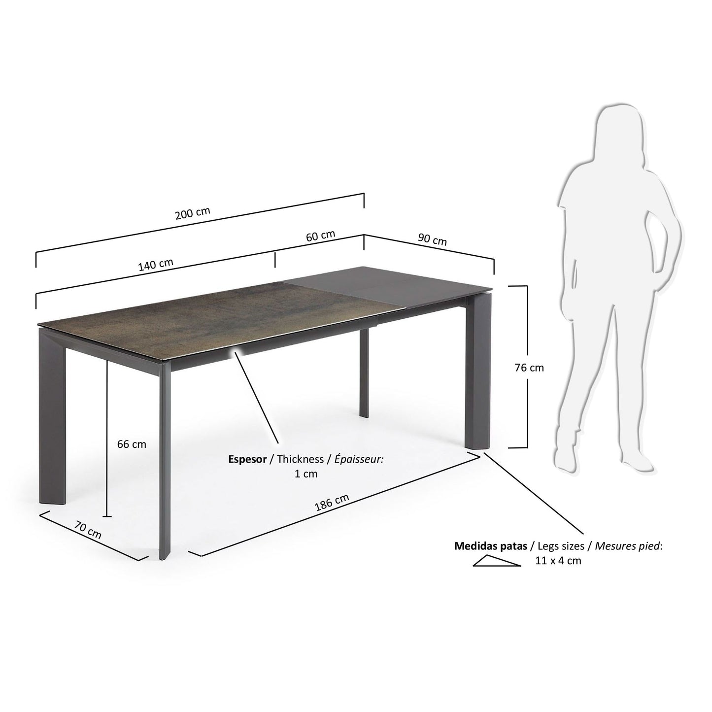 Mesa extensible Axis de porcelánico acabado Iron Moss y patas acero gris oscuro 140 (200) cm