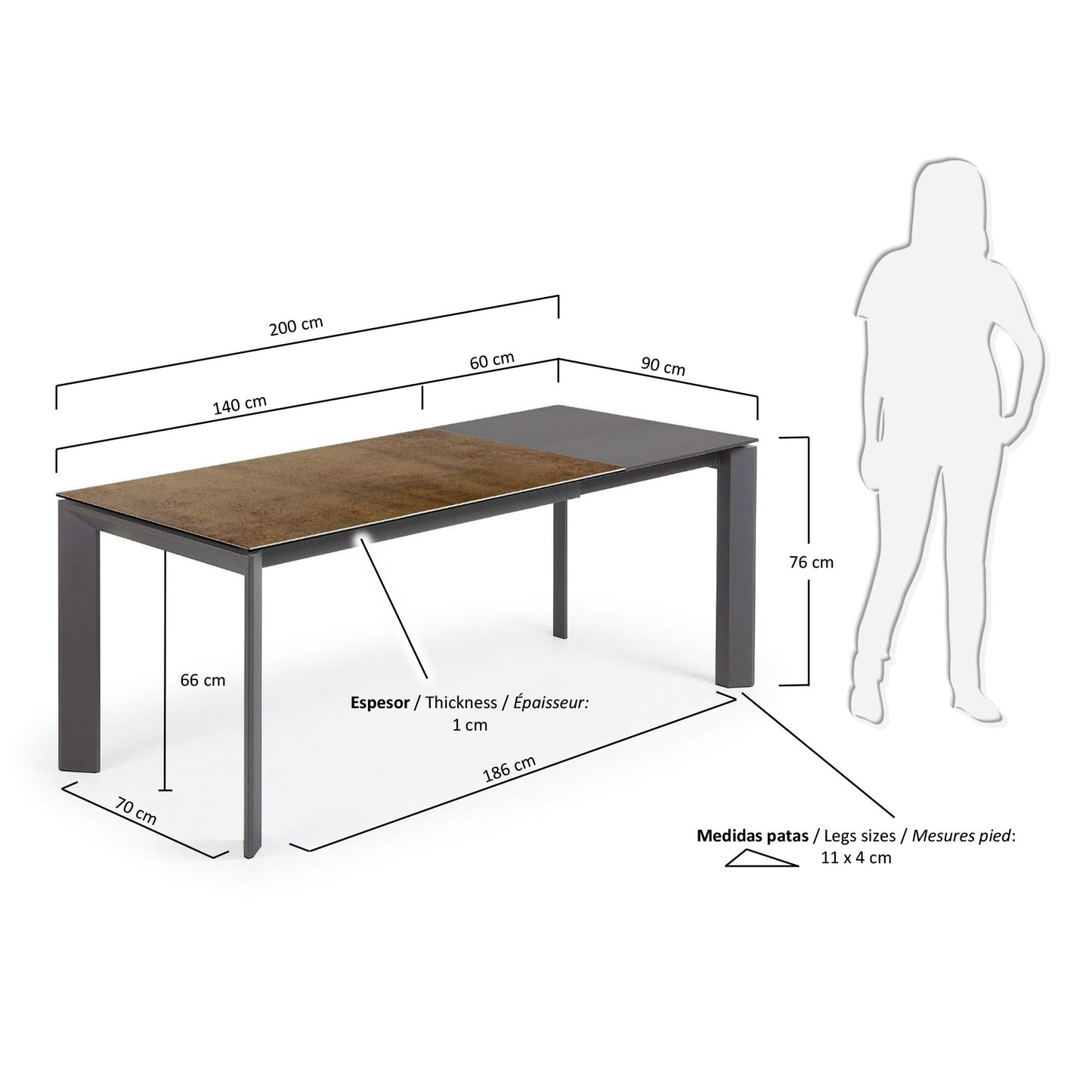 Mesa extensible Axis porcelánico acabado Iron Corten y patas acero gris oscuro 140 (200) cm