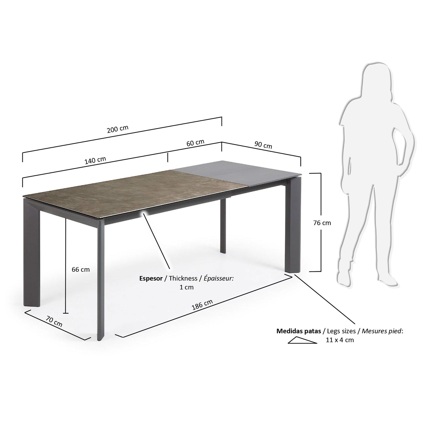 Mesa extensible Axis porcelánico acabado Vulcano Ceniza patas acero antracita 140(200) cm