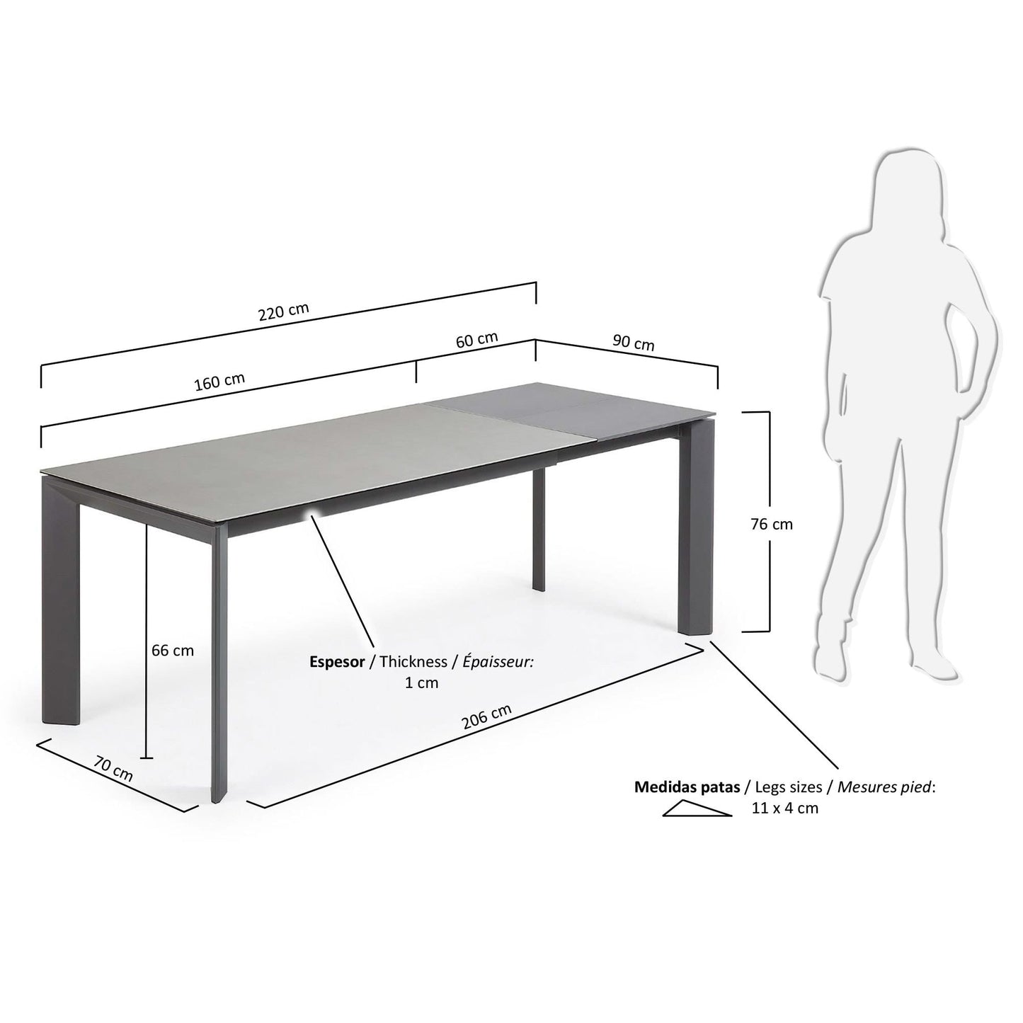 Mesa extensible Axis porcelánico acabado Hydra Plomo patas antracita 160 (220) cm