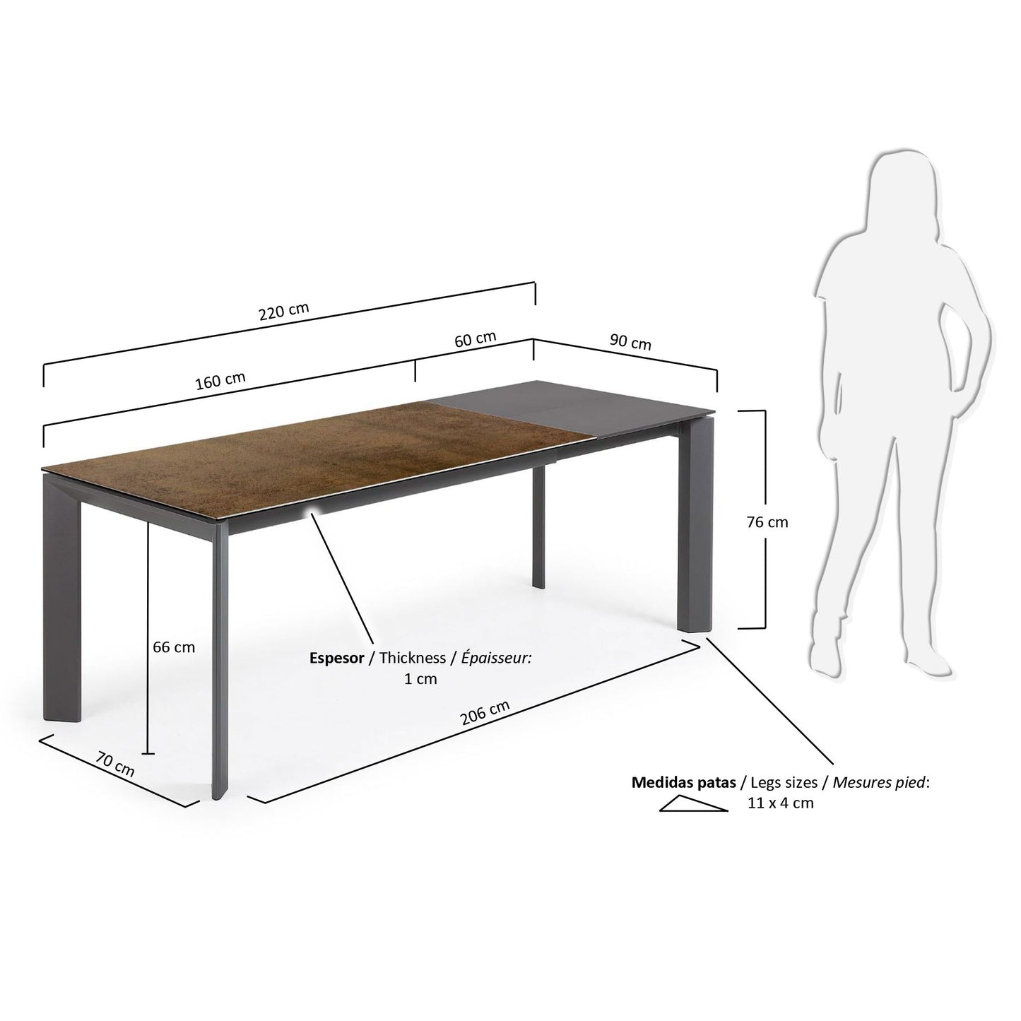 Mesa extensible Axis porcelánico acabado Iron Corten y patas acero gris oscuro 160 (220) cm