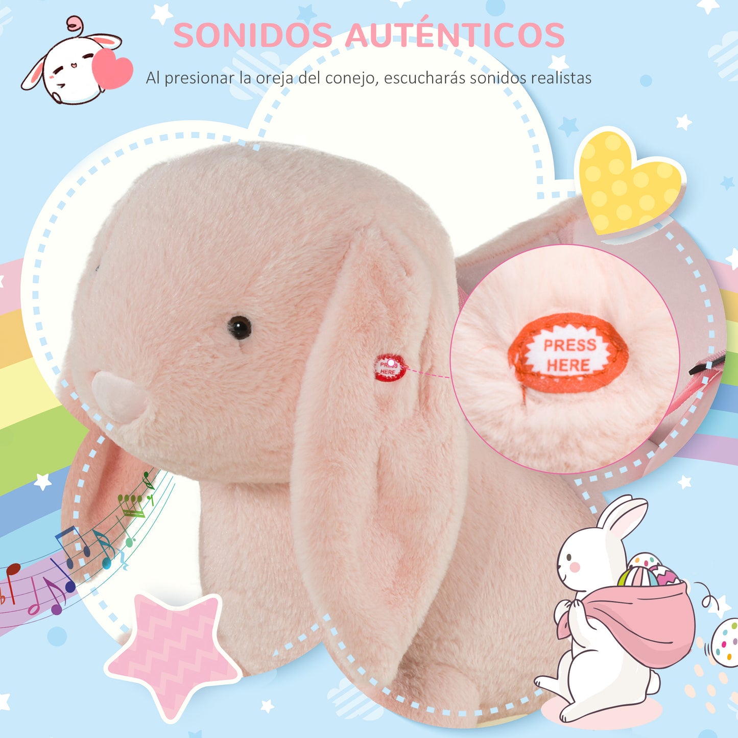 HOMCOM Caballito Balancín Infantil Forma de Conejo de Felpa para Bebés 18-36 Meses con Sonido Cinturón de Seguridad Manillar y Reposapiés 60x33x50cm Rosa