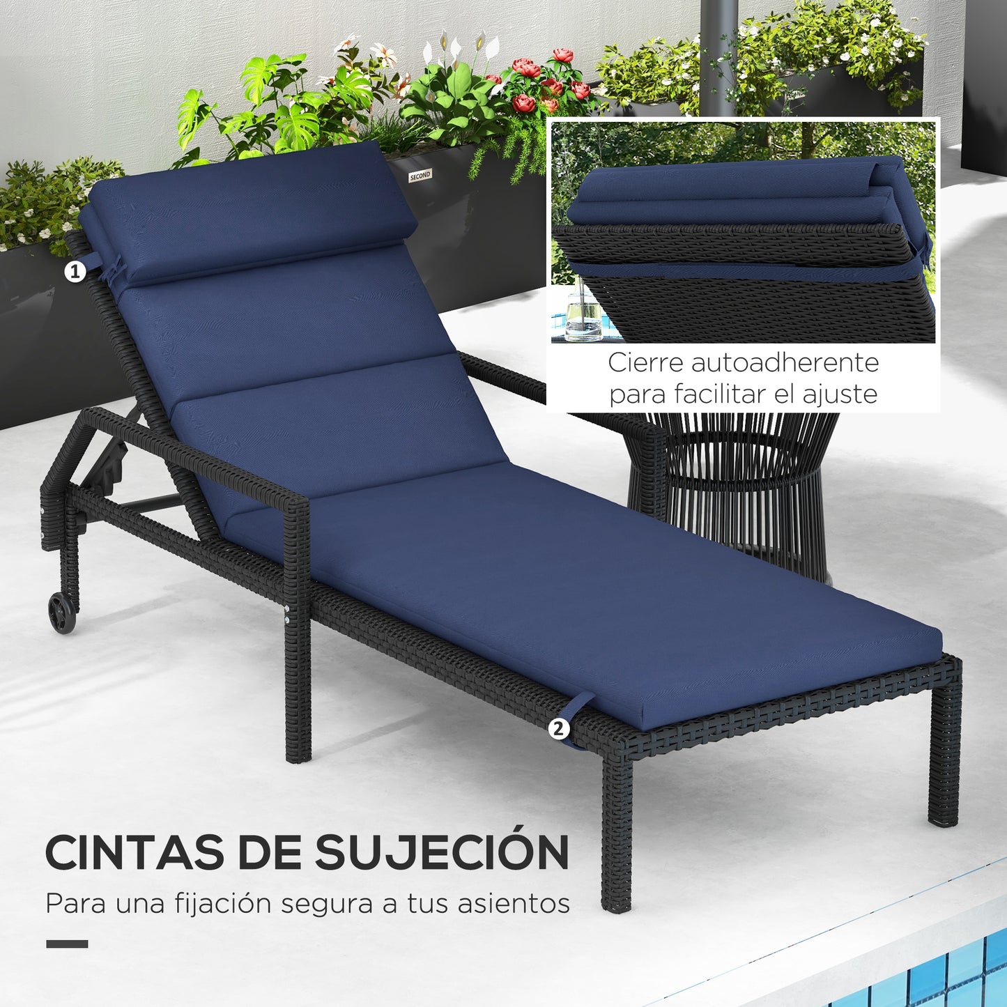 Outsunny Cojín para Tumbona 196x63x6 cm Colchoneta para Tumbona de Algodón con Tela Hidrófuga Cojín de Asiento y Respaldo para Jardín Terraza Balcón Azul Oscuro