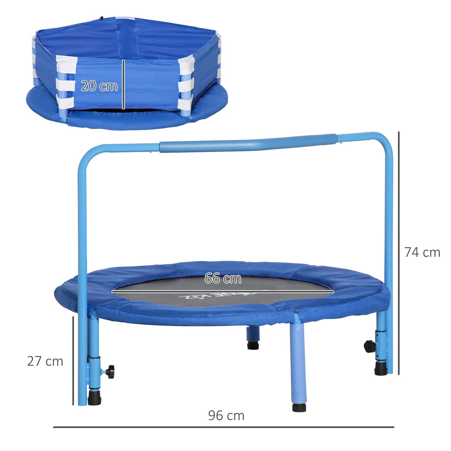 ZONEKIZ 3 en 1 Cama Elástica Infantil Ø96x74 cm Trampolín para Niños de 1-6 Años con Mango Extraíble Mini Trampolín para Interiores Carga 50 kg Azul