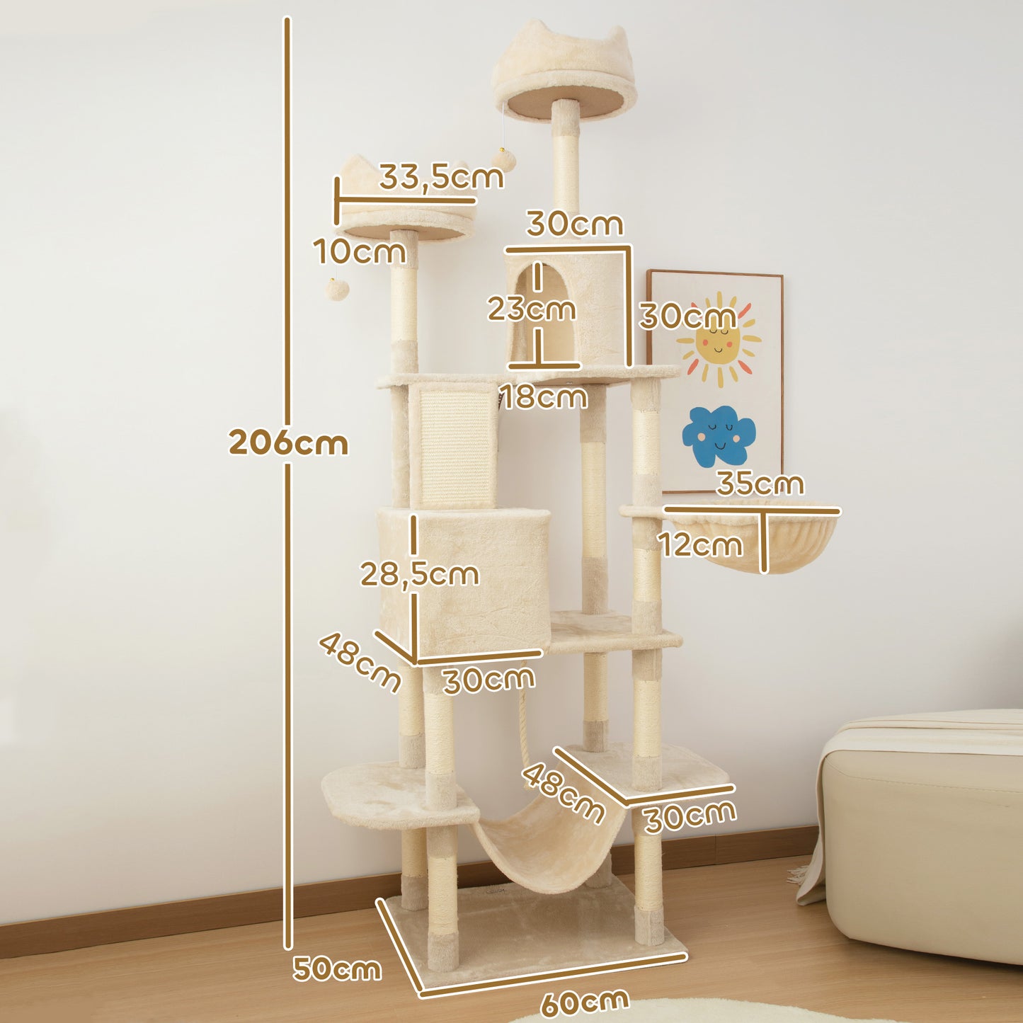 PawHut Árbol Rascador para Gatos Grande Altura 206 cm Árbol para Gatos Torre para Gatos con Plataformas Cuevas Bolas Colgantes y Hamacas Beige