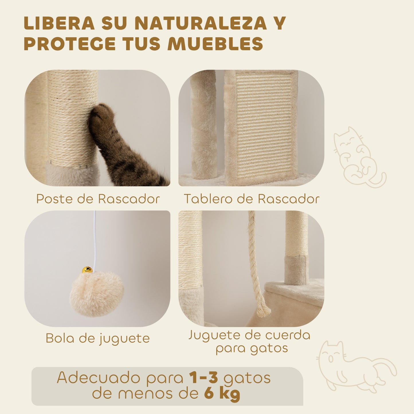 PawHut Árbol Rascador para Gatos Grande Altura 206 cm Árbol para Gatos Torre para Gatos con Plataformas Cuevas Bolas Colgantes y Hamacas Beige