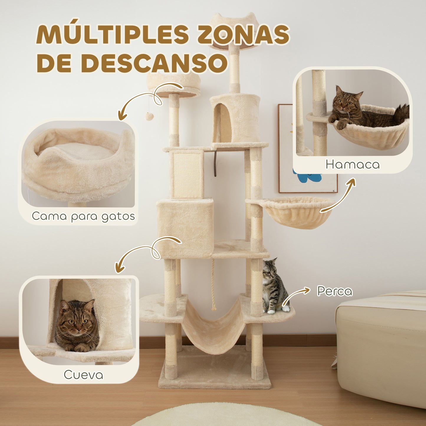 PawHut Árbol Rascador para Gatos Grande Altura 206 cm Árbol para Gatos Torre para Gatos con Plataformas Cuevas Bolas Colgantes y Hamacas Beige