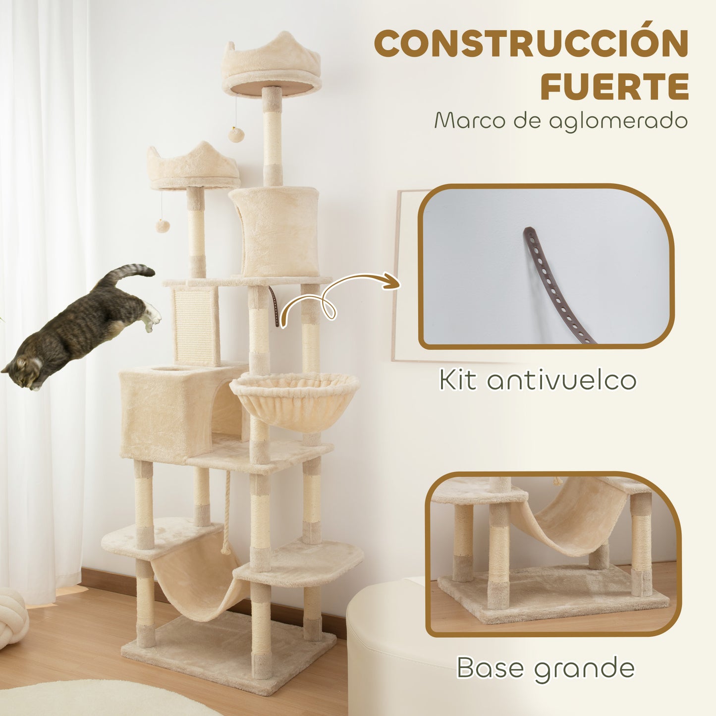 PawHut Árbol Rascador para Gatos Grande Altura 206 cm Árbol para Gatos Torre para Gatos con Plataformas Cuevas Bolas Colgantes y Hamacas Beige