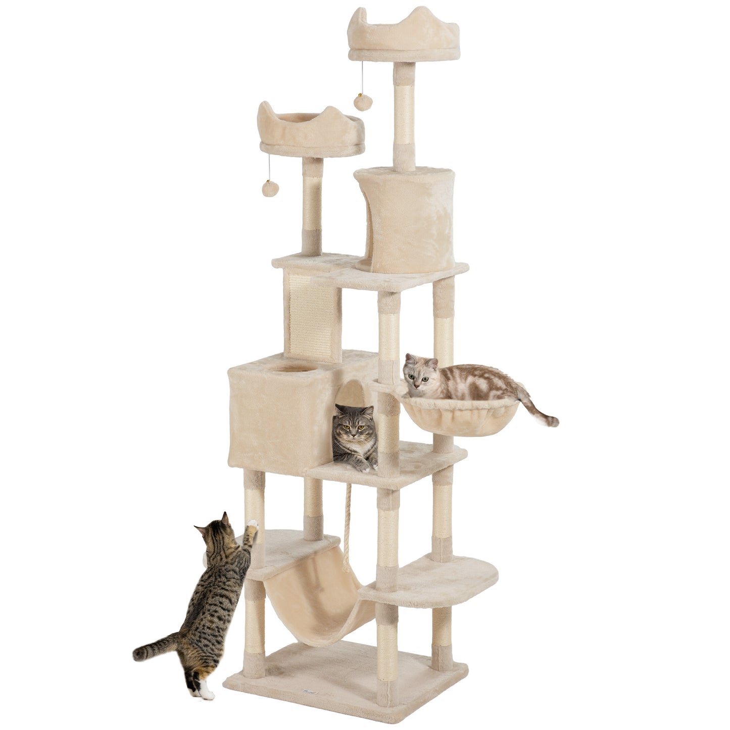 PawHut Árbol Rascador para Gatos Grande Altura 206 cm Árbol para Gatos Torre para Gatos con Plataformas Cuevas Bolas Colgantes y Hamacas Beige