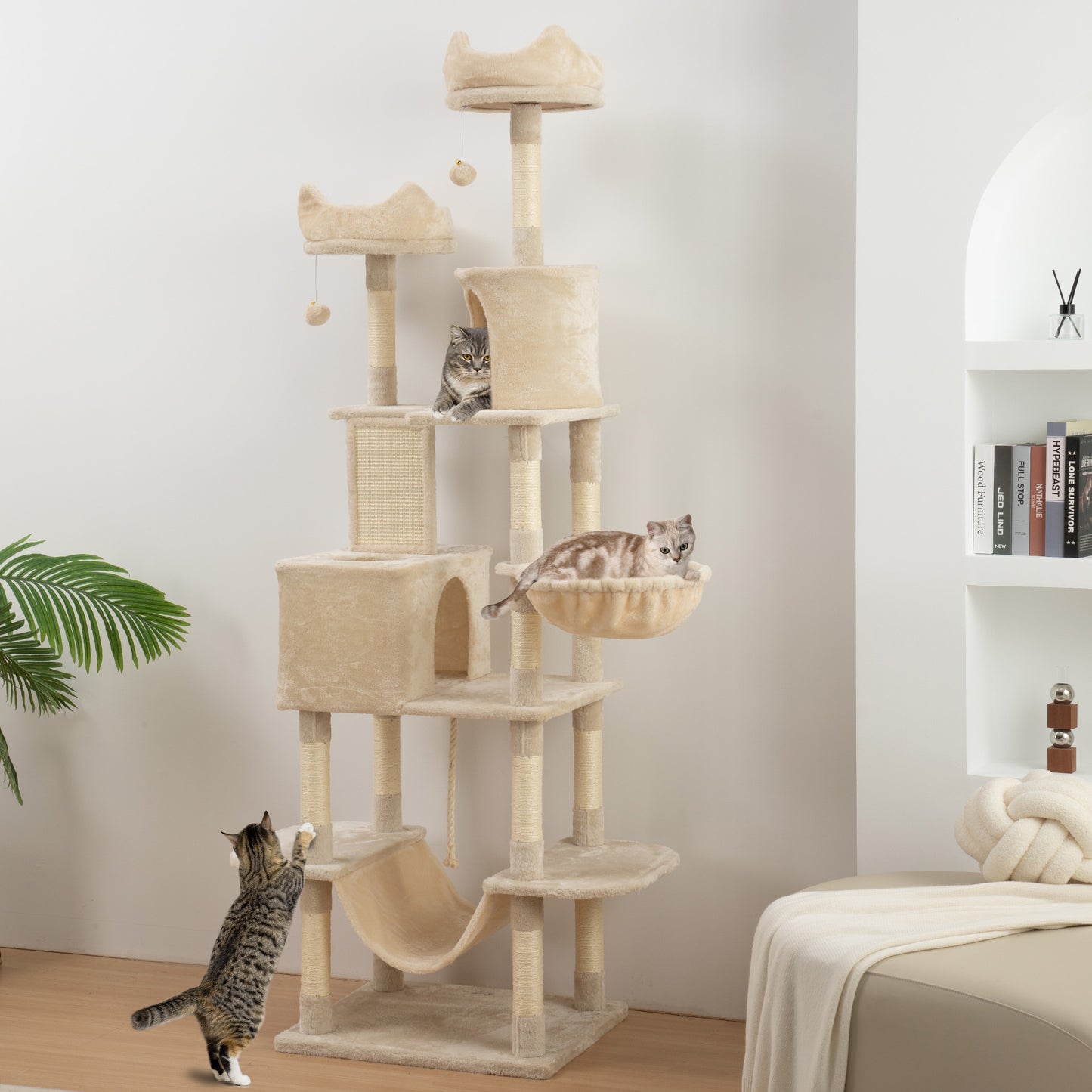 PawHut Árbol Rascador para Gatos Grande Altura 206 cm Árbol para Gatos Torre para Gatos con Plataformas Cuevas Bolas Colgantes y Hamacas Beige