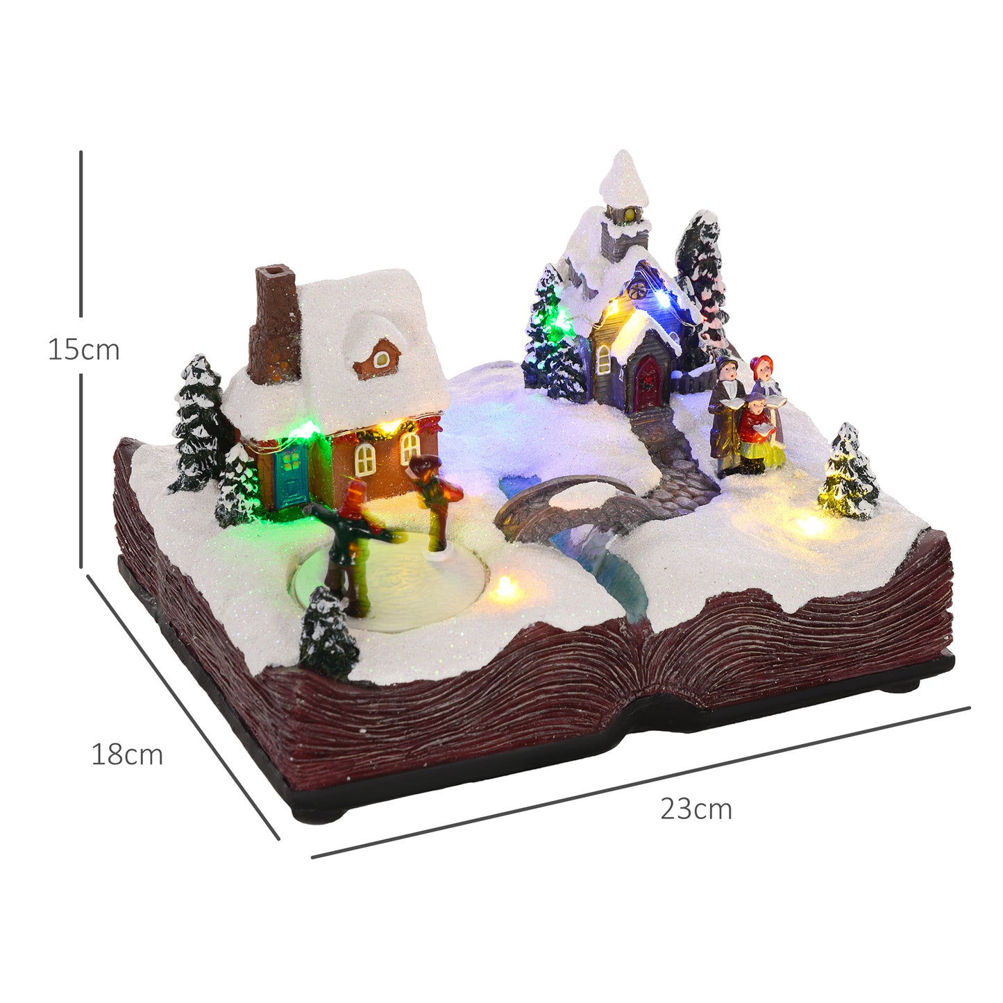 HOMCOM Pueblo Navideño con Base de Biblia Abierta Escena Navideña con Luces LED Música y Patinadores Giratorios Decoración de Navidad 23x18x15 cm Multicolor