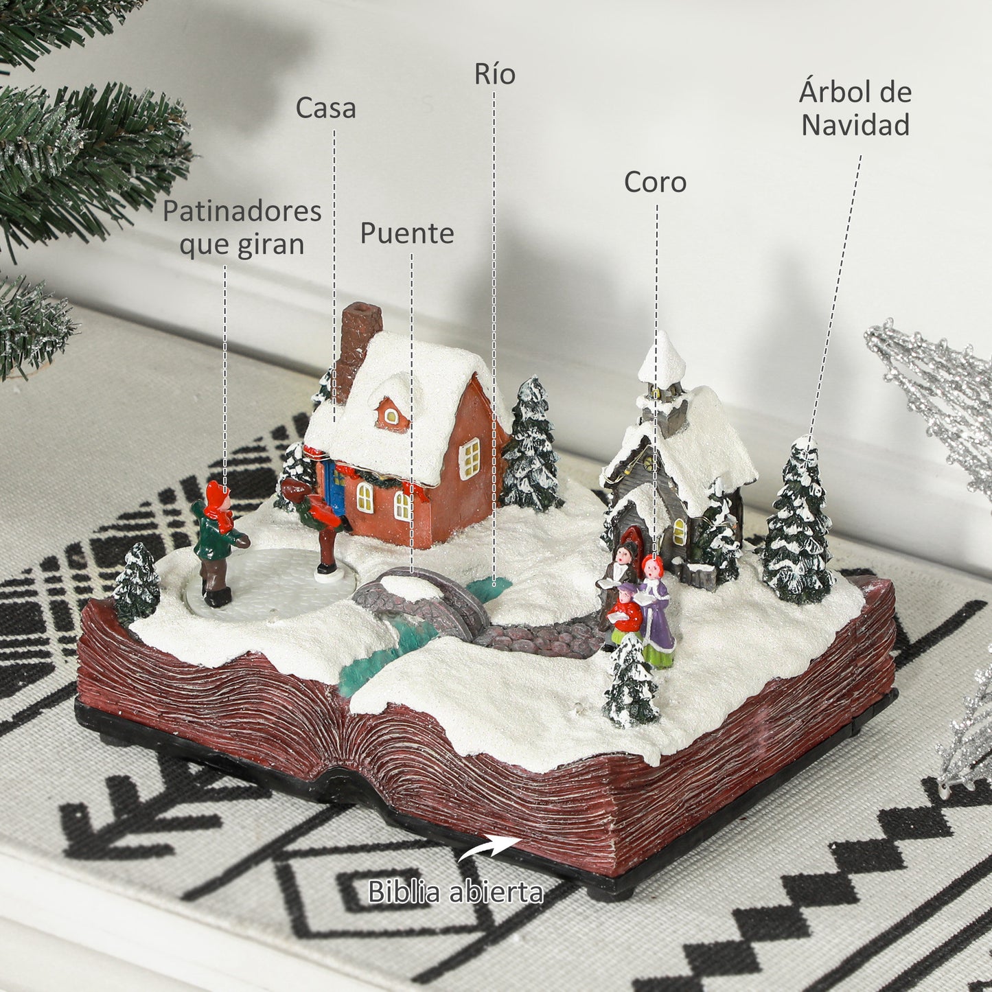 HOMCOM Pueblo Navideño con Base de Biblia Abierta Escena Navideña con Luces LED Música y Patinadores Giratorios Decoración de Navidad 23x18x15 cm Multicolor