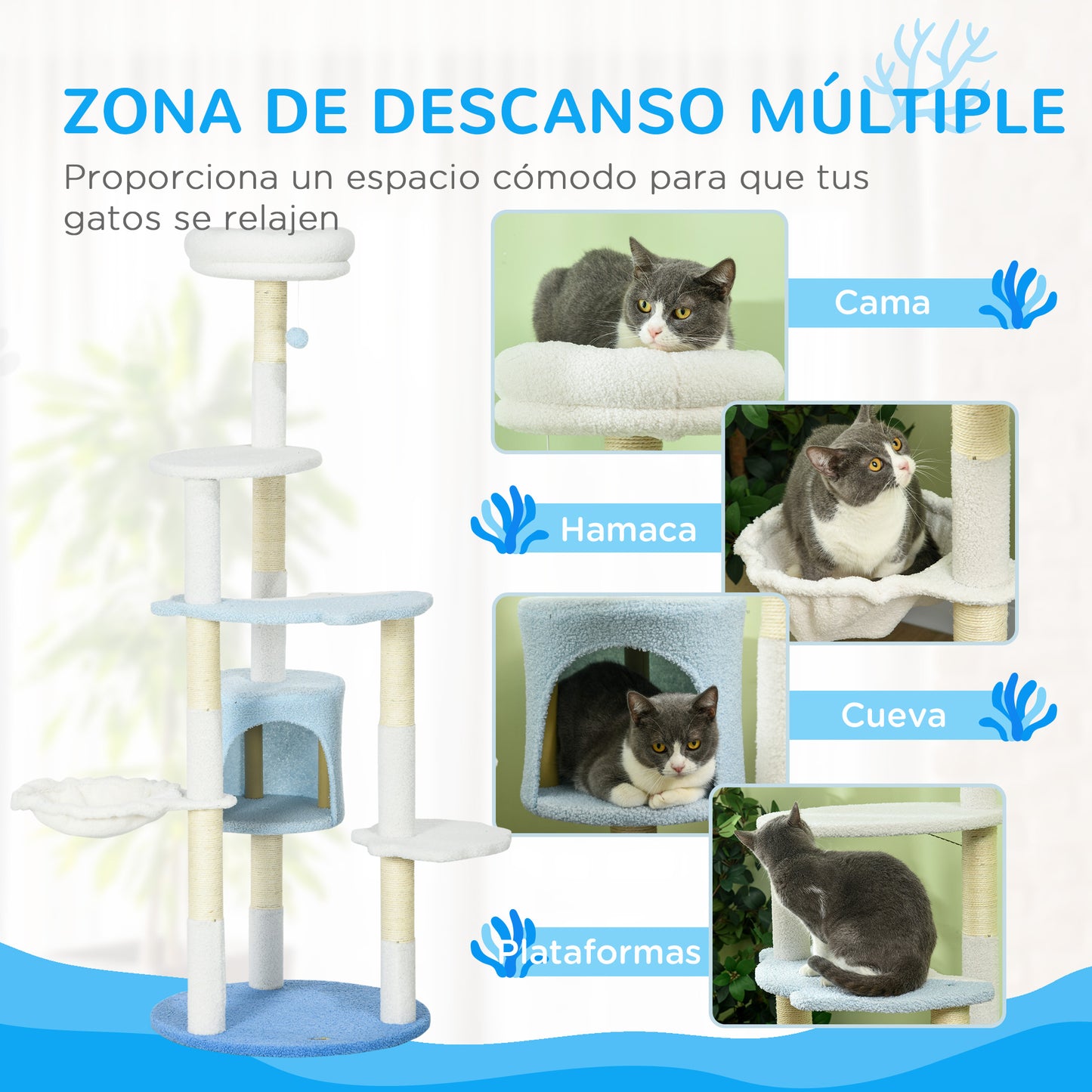 PawHut Árbol Rascador para Gatos Grandes de 155 cm Torre para Gatos de Interior con Postes de Sisal Cueva Cama Hamaca y Bola de Juguete Ø54,5x155 cm Blanco y Azul