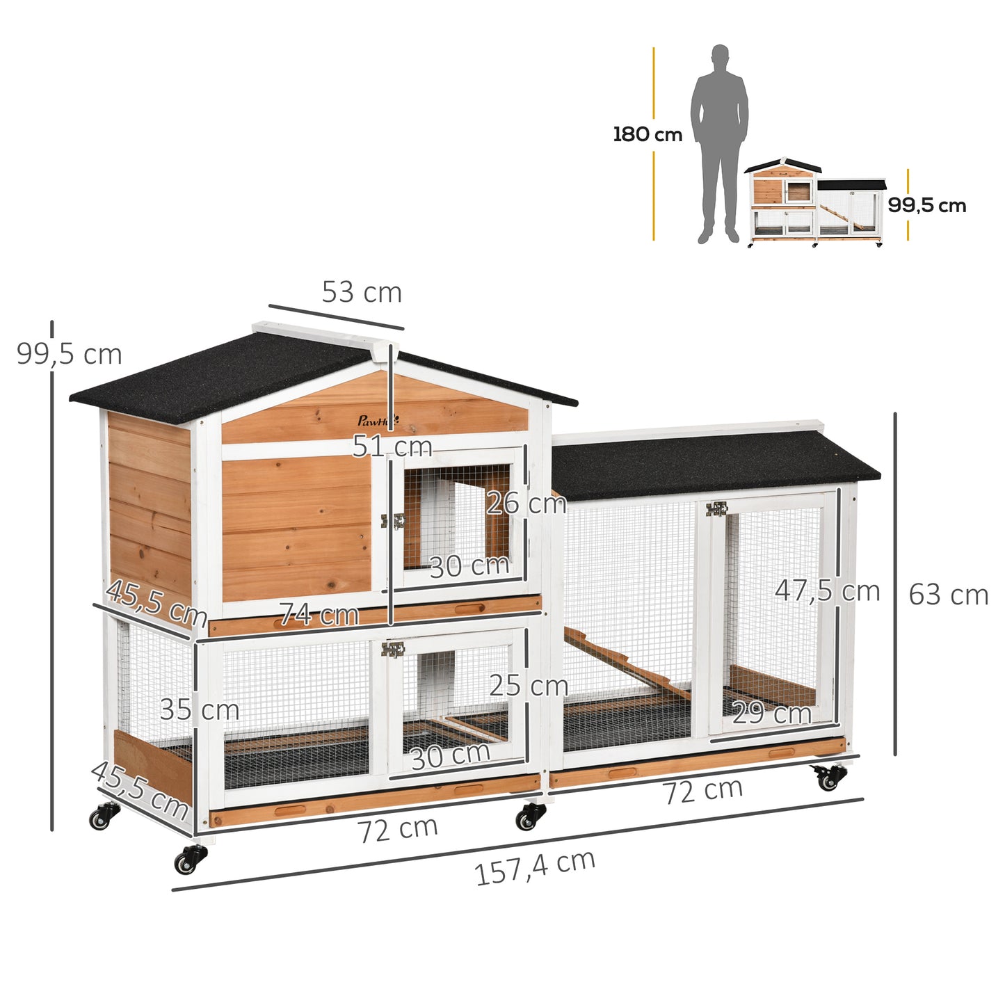 PawHut Conejera de Madera 157,4x53x99,5 cm Jaula para Conejos Grande con Ruedas Techo Asfáltico Bandeja Extraíble y Rampa para Exterior Natural