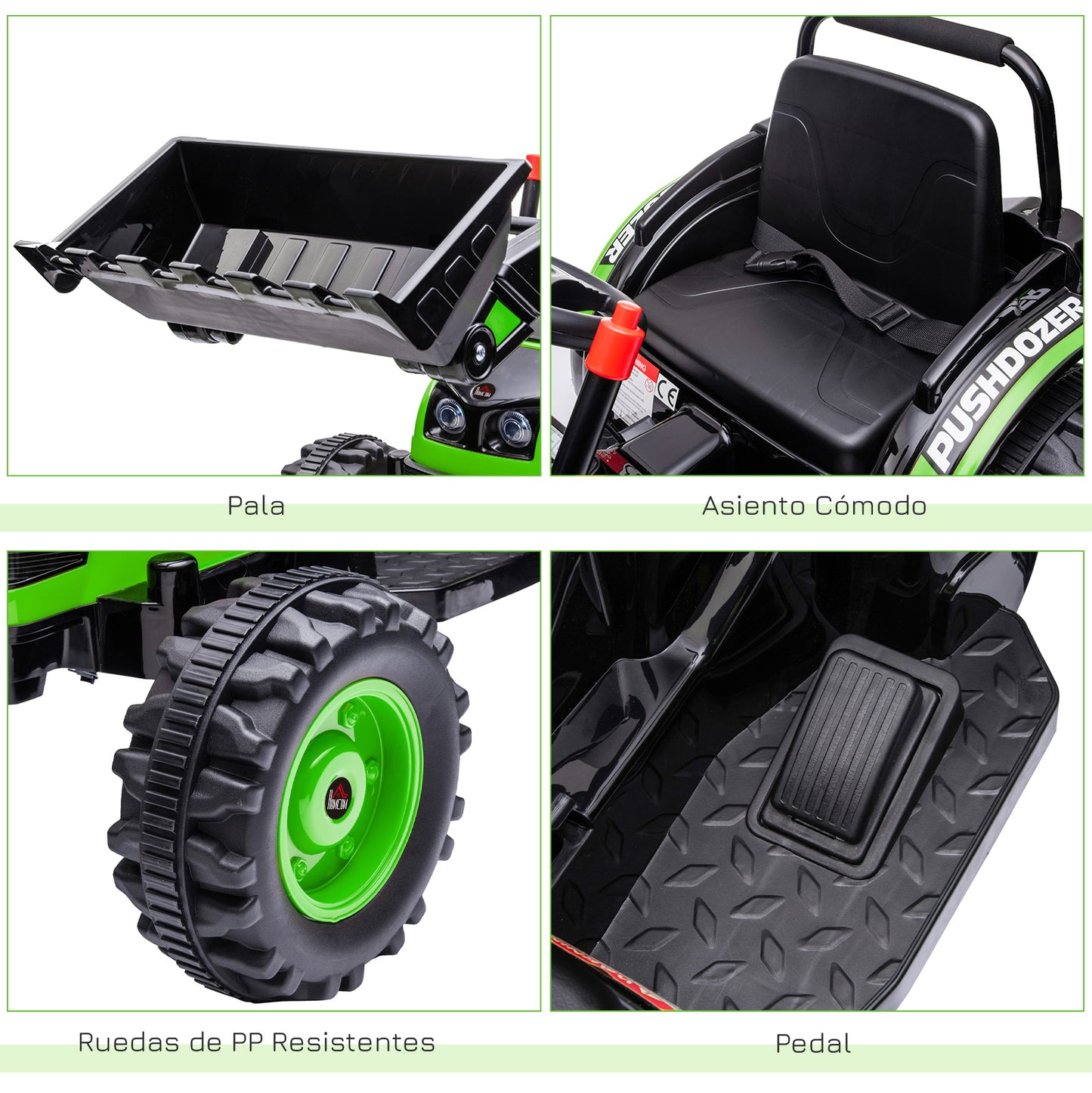 HOMCOM Tractor Excavadora Eléctrico para Niños de +3 Años Vehículo Infantil con Batería 6V Pala Música y Luces Velocidad de 2 Niveles 132x62x65 cm Negro y Verde