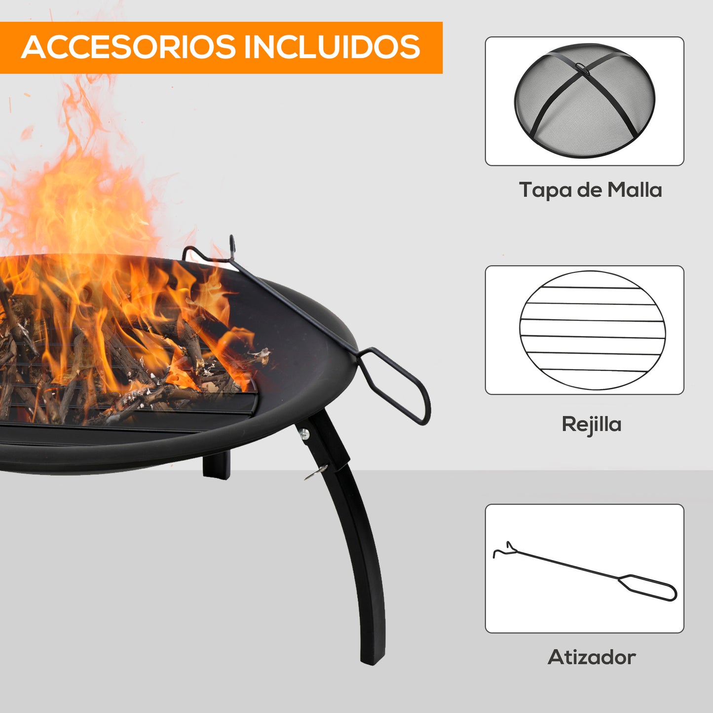 Outsunny Brasero Exterior Ø55 cm Chimenea Hoguera Portátil para Calefacción Barbacoa Terraza Patio Camping Jardín con Cubierta de Malla Atizador de Fuego Negro