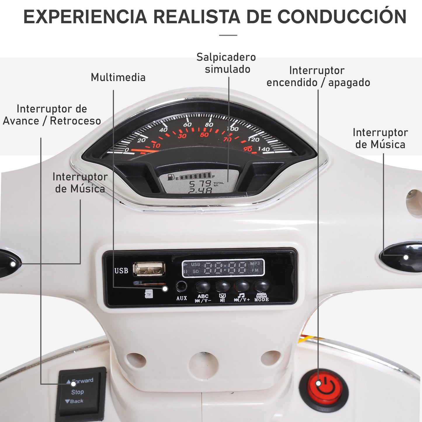 HOMCOM Moto Eléctrica para Niños de 3-6 Años con Licencia VESPA Moto de Batería para Niños con Música Velocidad 2-3 km/h y Bocina Carga 25 kg Blanco