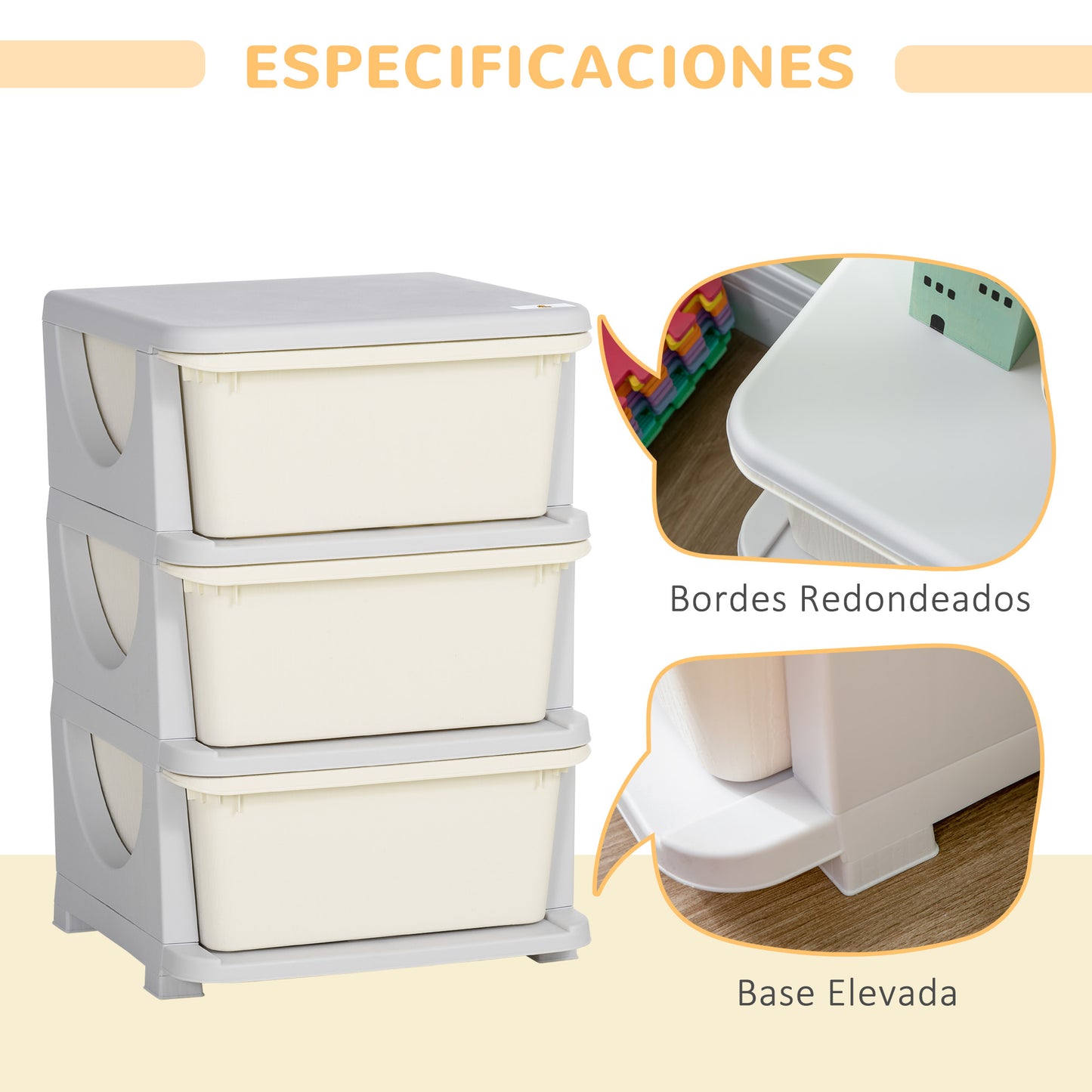 HOMCOM Torre de Almacenamiento Infantil con 3 Cajones Organizador de Juguetes para Niños +3 Años Gran Almacenaje con Asas para Juguetes Ropa Libros 37x37x56,5 cm Crema