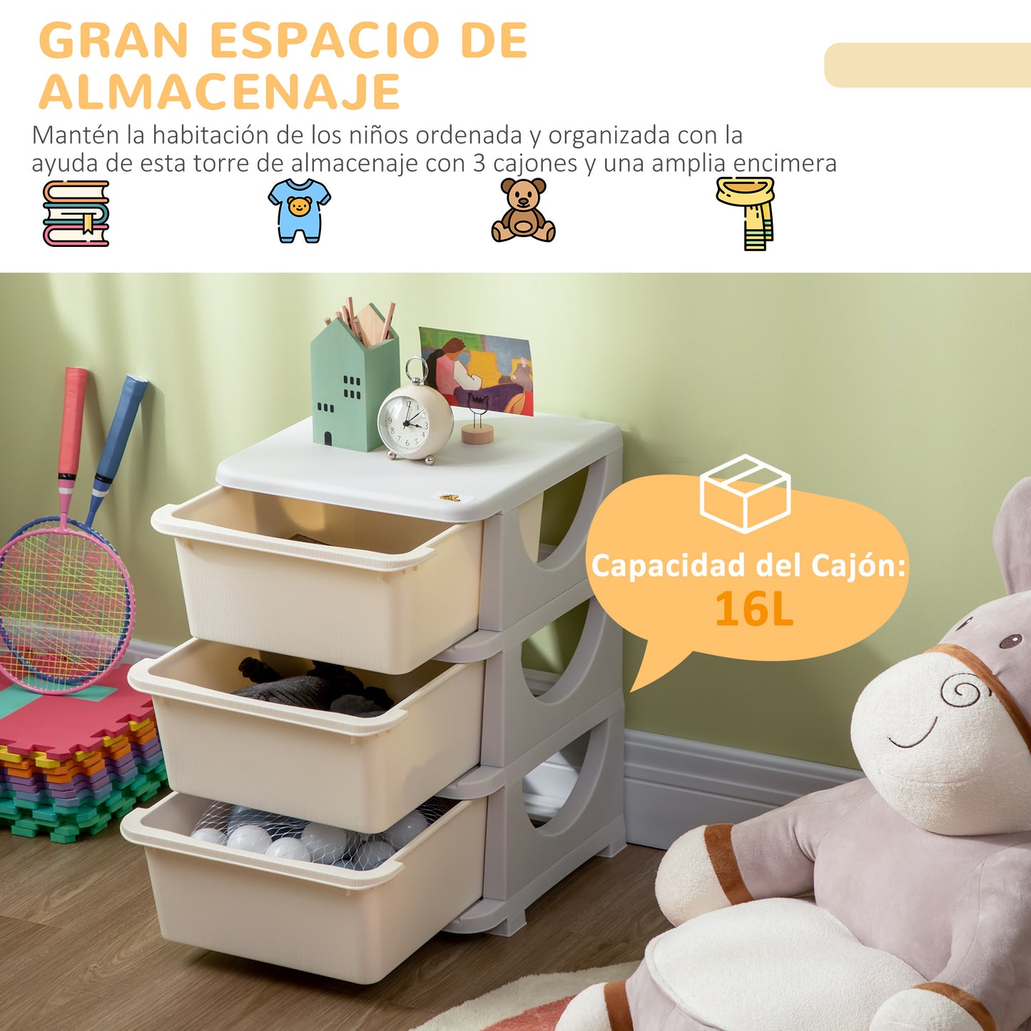 HOMCOM Torre de Almacenamiento Infantil con 3 Cajones Organizador de Juguetes para Niños +3 Años Gran Almacenaje con Asas para Juguetes Ropa Libros 37x37x56,5 cm Crema